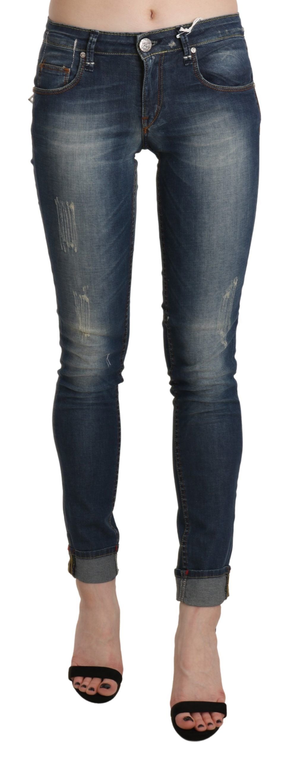 Eight blue, washed, low-rise, cut-off denim pants