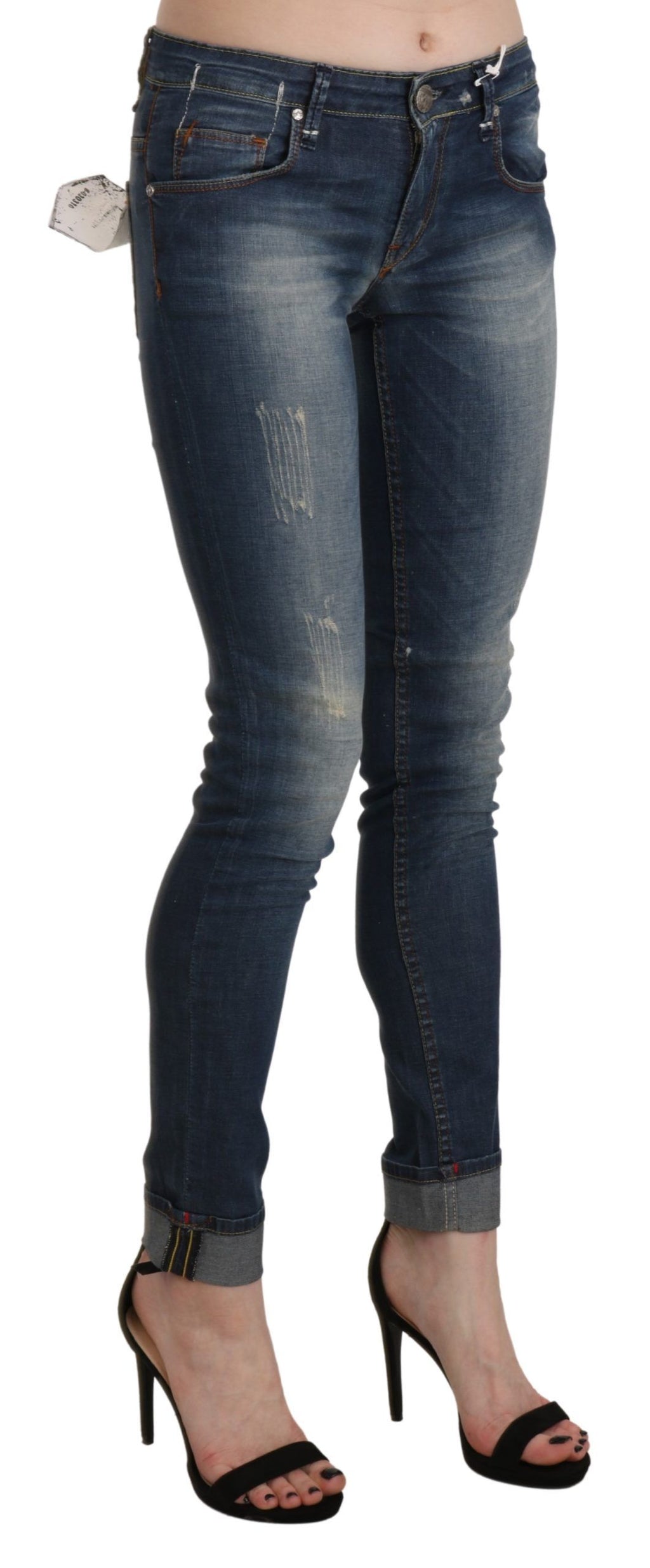 Eight blue, washed, low-rise, cut-off denim pants