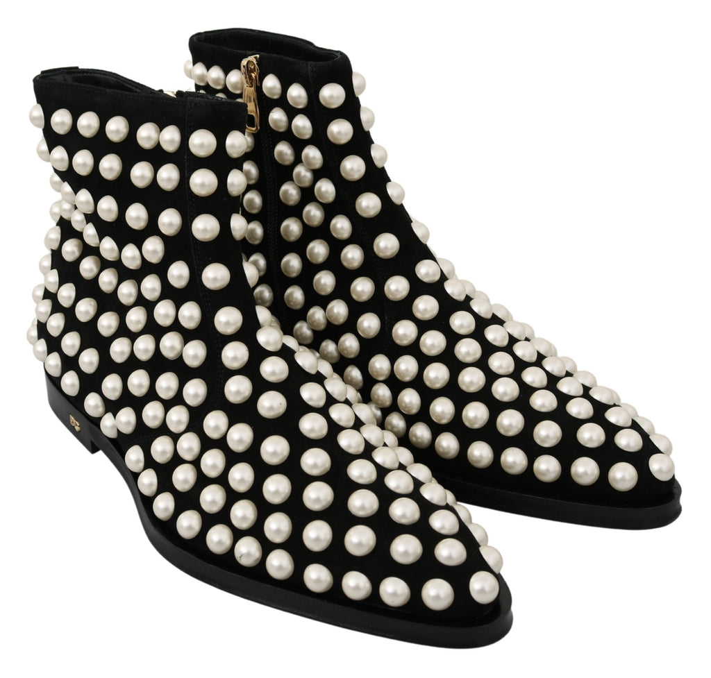 Dolce & Gabbana Schwarz Wildleder Perlen Nieten Stiefel Schuhe