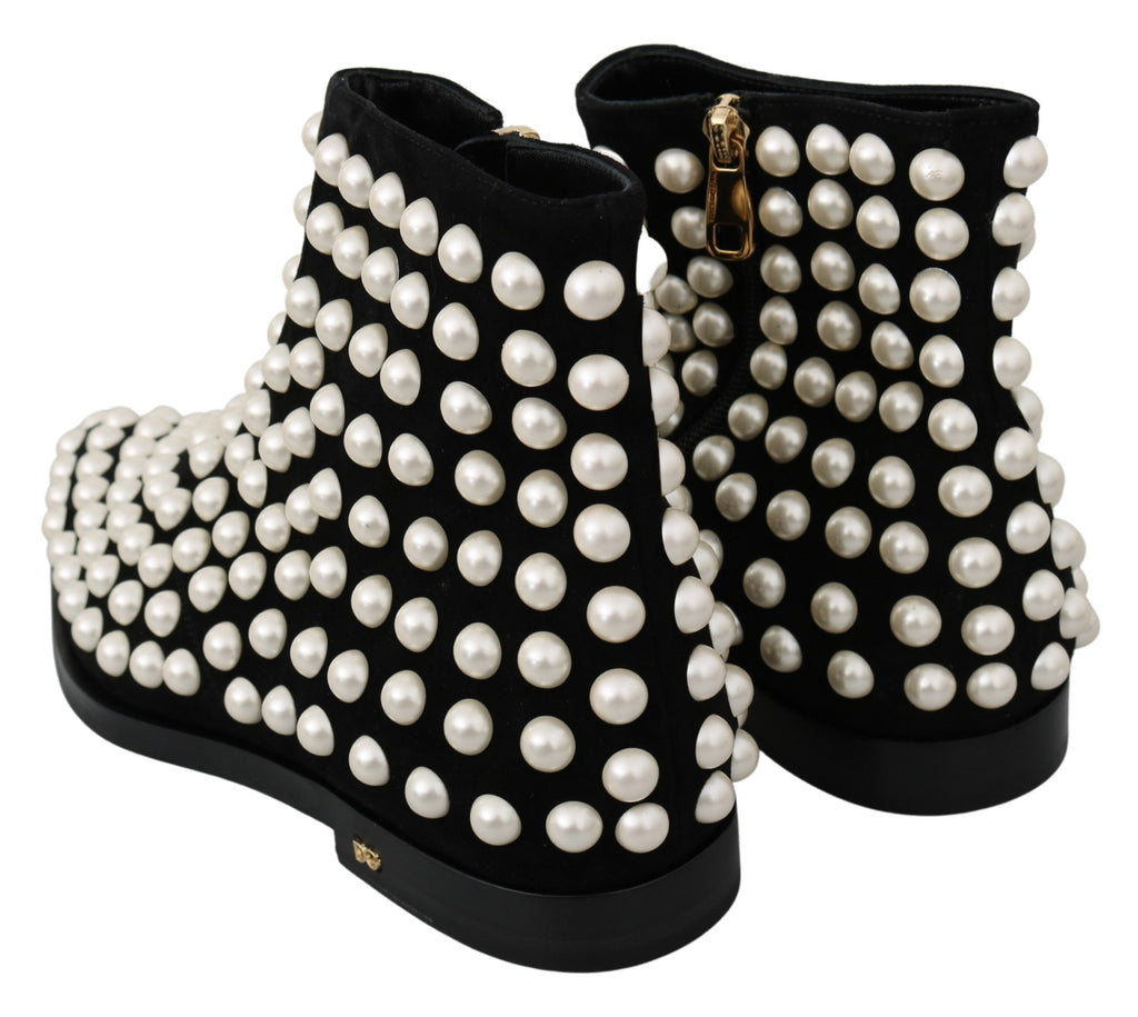 Dolce & Gabbana Schwarz Wildleder Perlen Nieten Stiefel Schuhe