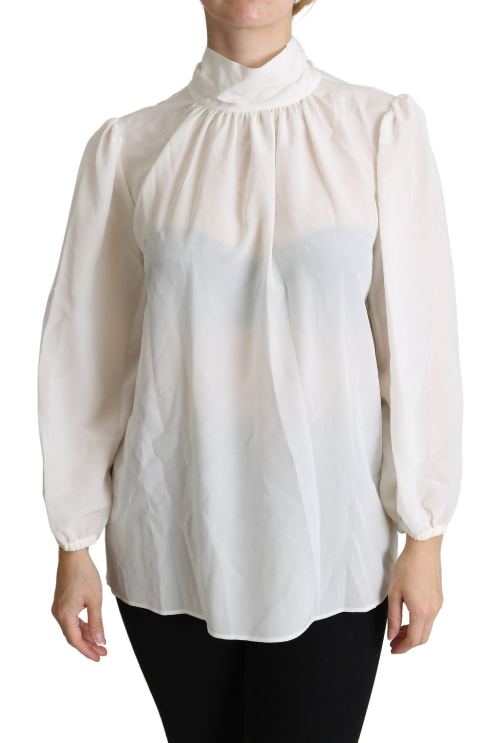 Dolce & Gabbana Weißes Seiden Pussy Bow Langarmtop Bluse