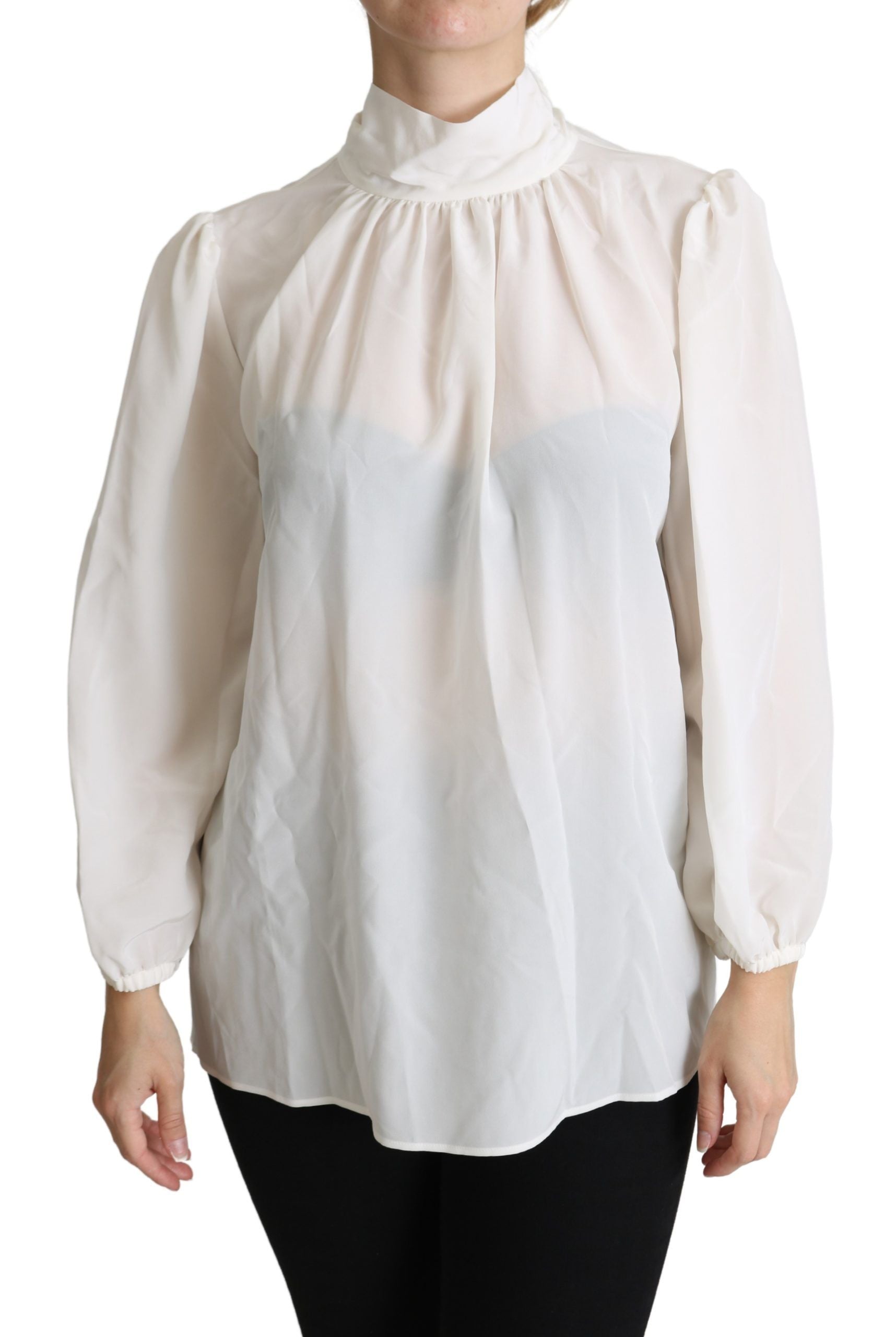 Dolce & Gabbana Weißes Seiden Pussy Bow Langarmtop Bluse