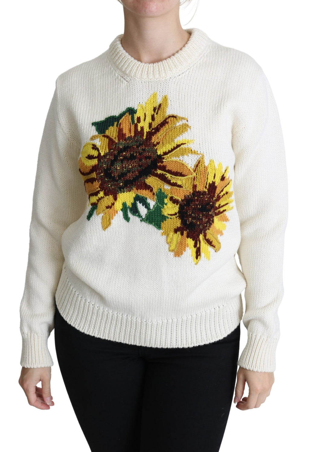 Dolce & Gabbana White Floral Wool Sunflower Sweater