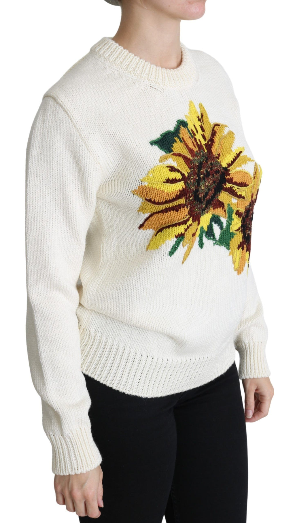 Dolce & Gabbana White Floral Wool Sunflower Sweater