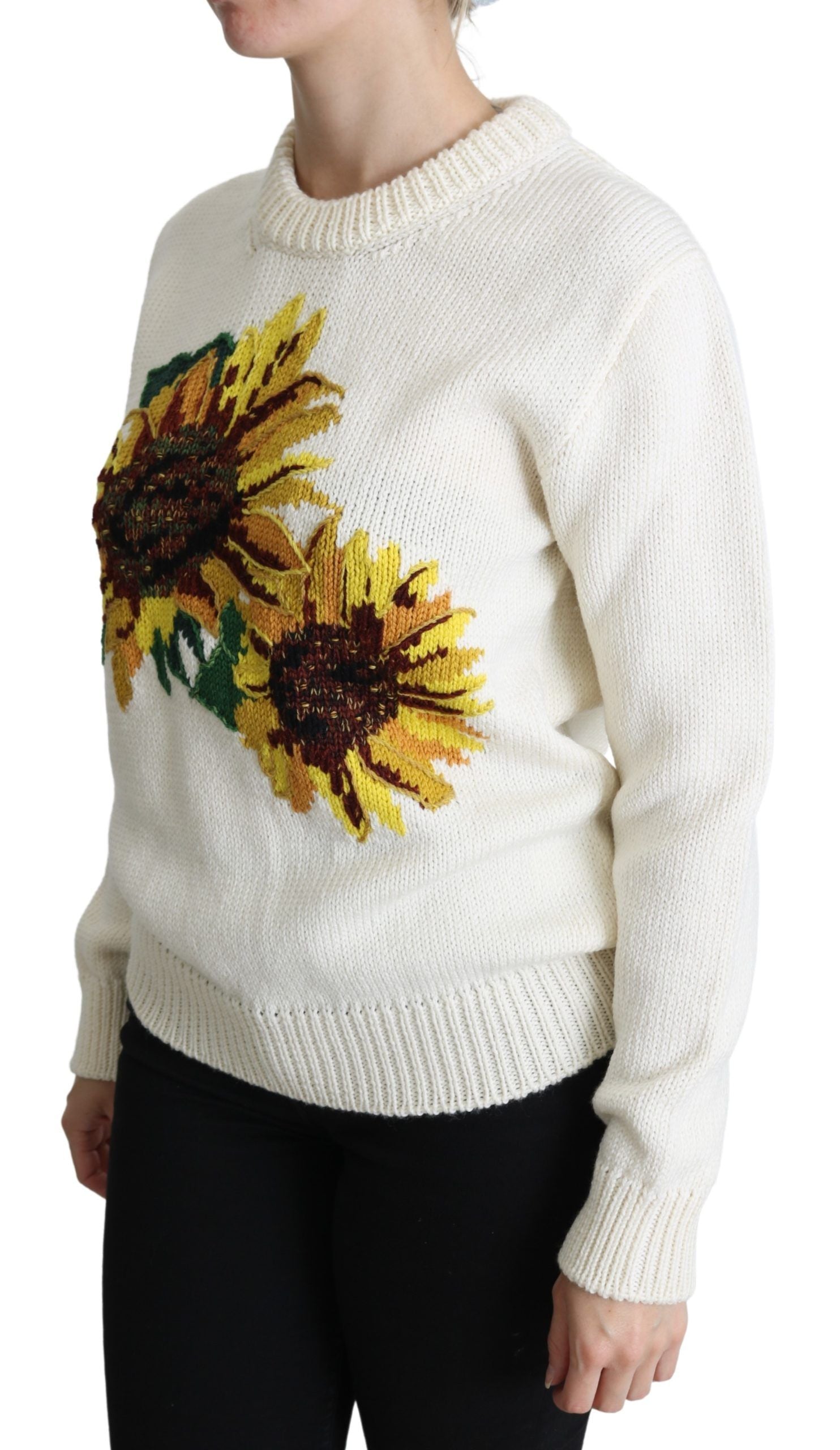 Dolce & Gabbana White Floral Wool Sunflower Sweater