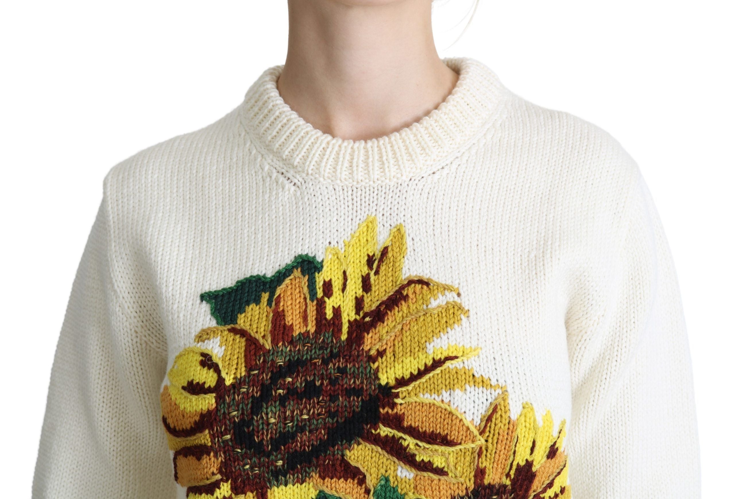 Dolce & Gabbana White Floral Wool Sunflower Sweater