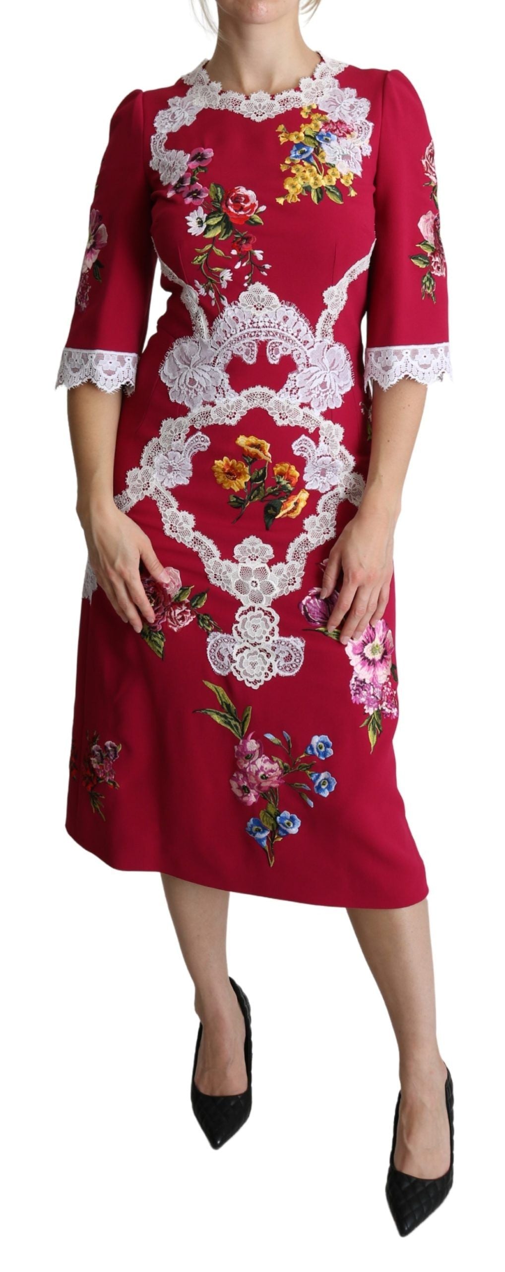 Dolce & Gabbana Red Embroidered Floral Sheath Dress