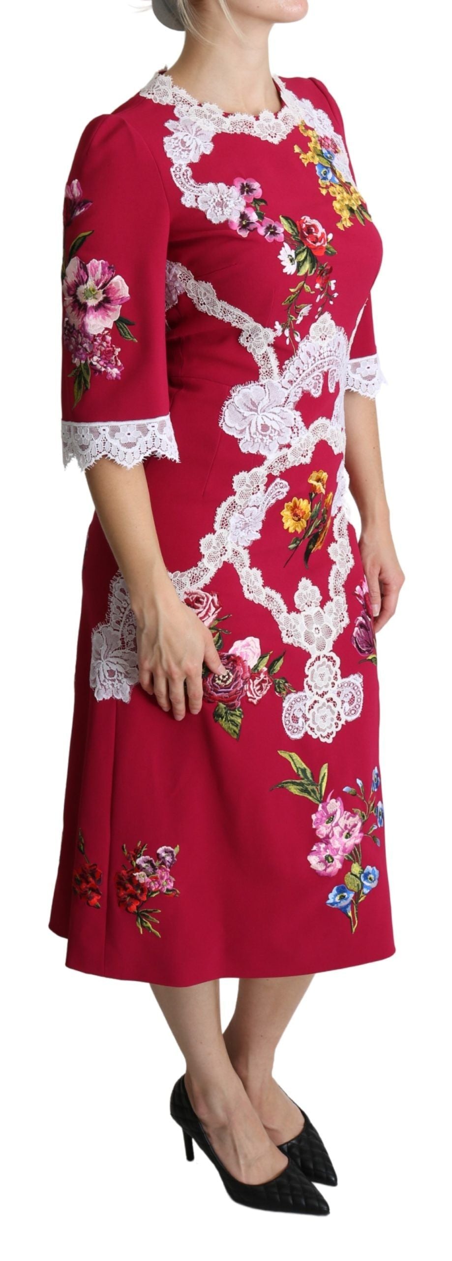Dolce & Gabbana Red Embroidered Floral Sheath Dress