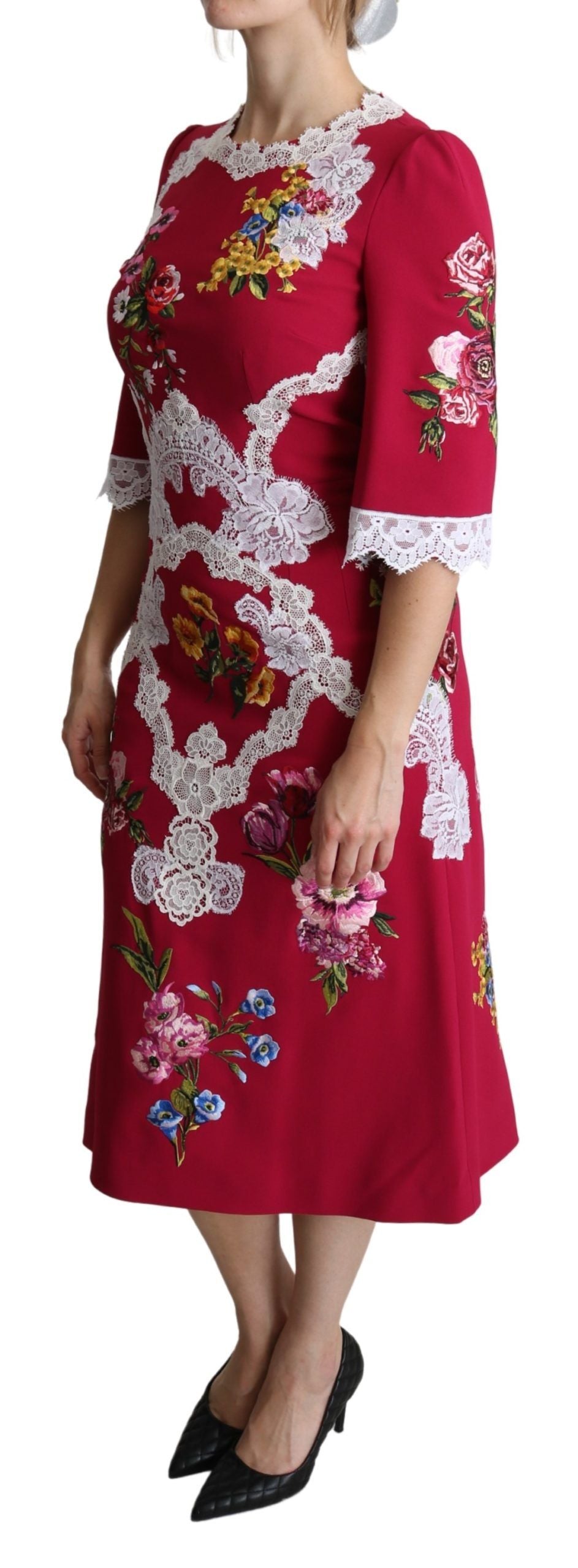 Dolce & Gabbana Red Embroidered Floral Sheath Dress
