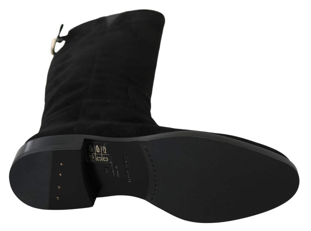 Dolce & Gabbana Schwarze kniehohe flache Wildlederstiefel Schuhe