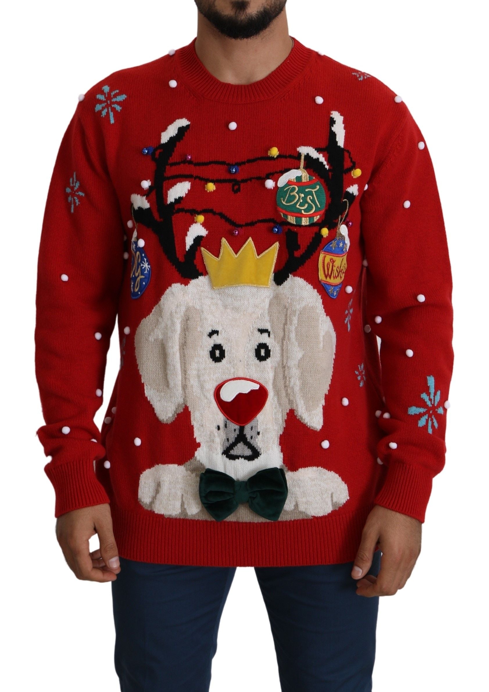 Dolce & Gabbana Roter Weihnachtshund Pullover Kaschmirpullover
