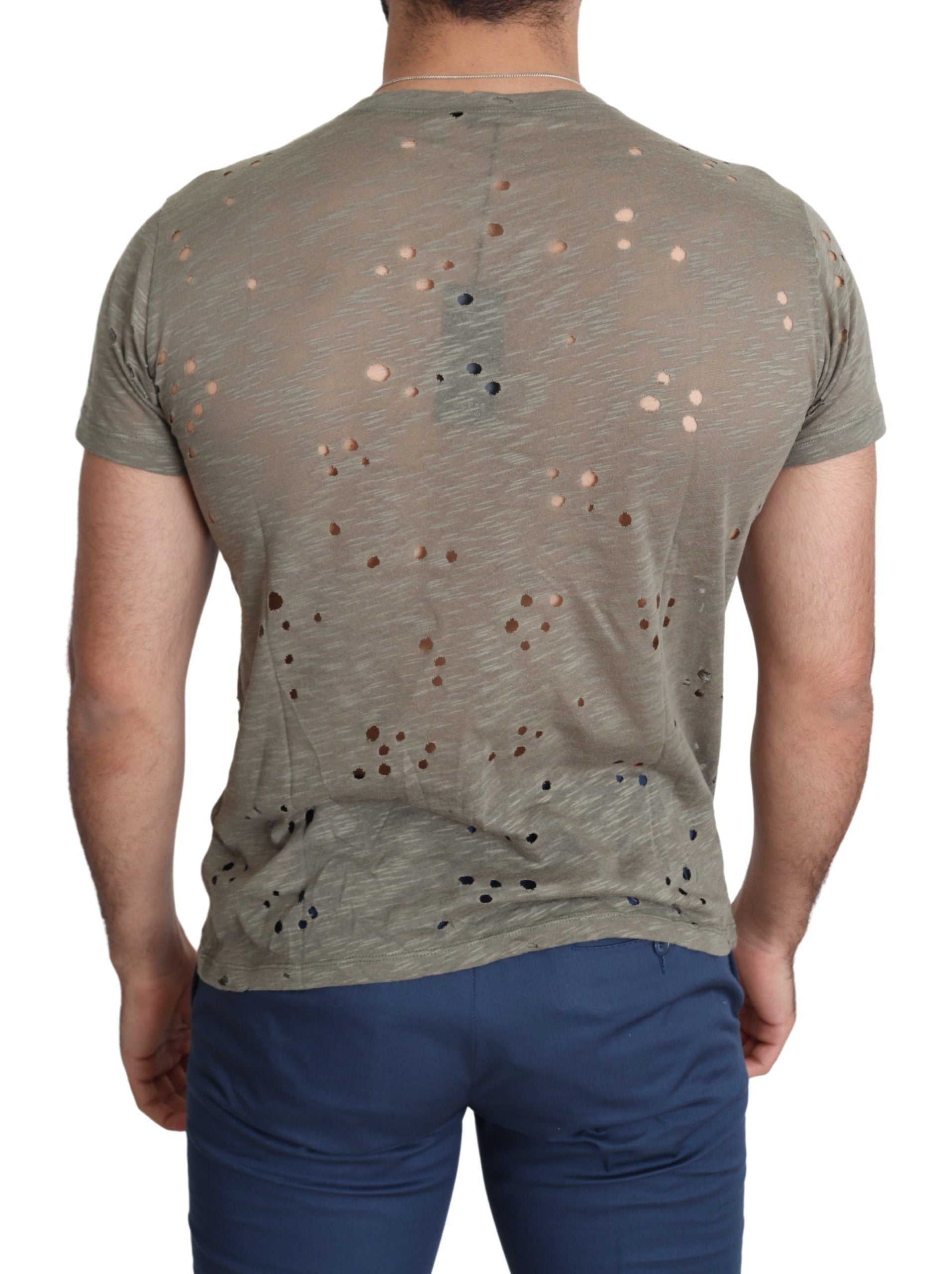 Guess Men's Brown Cotton Stretch T-Shirt with Logo Print Casual Perforated T-Shirt