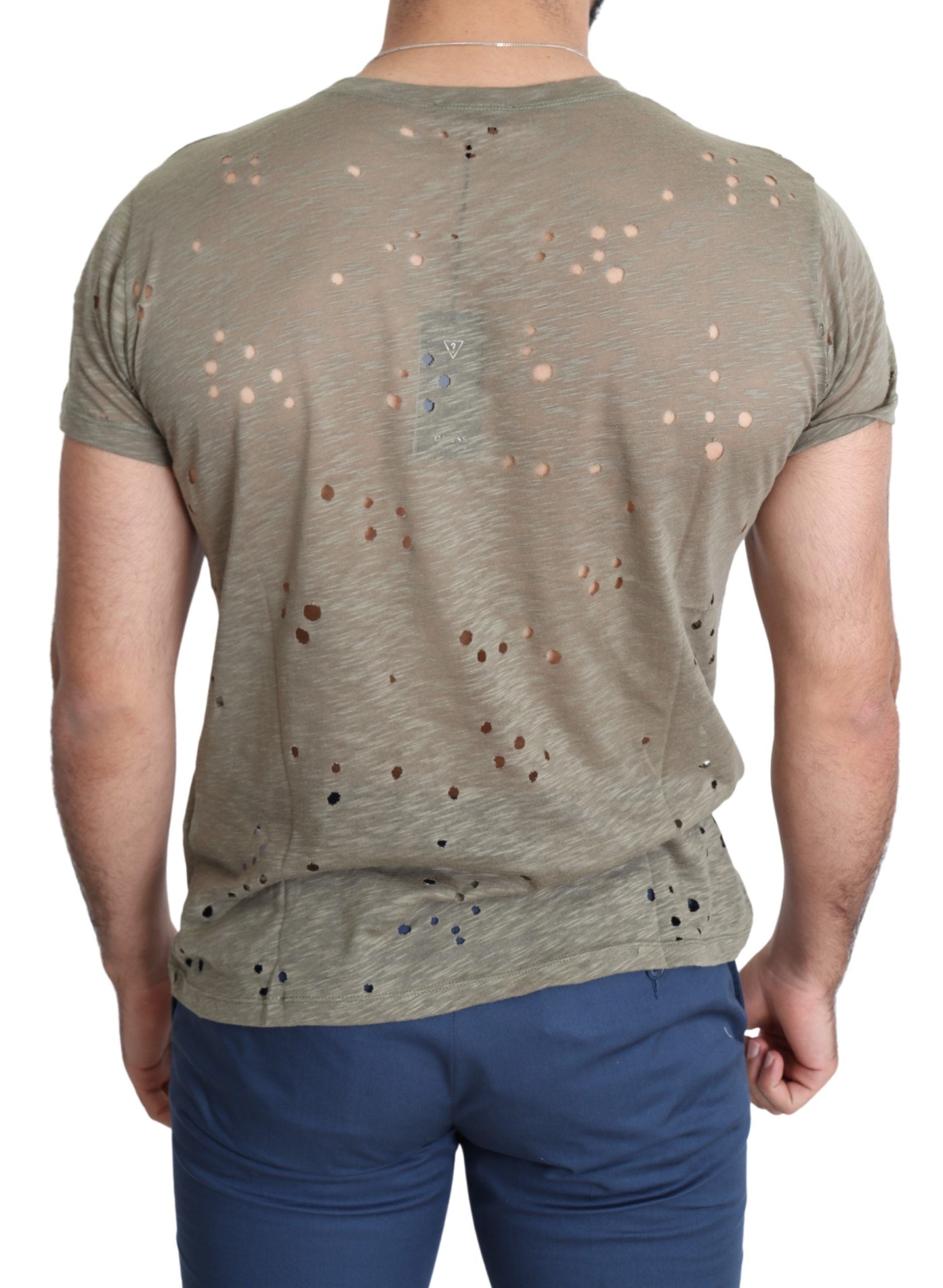 Guess Brown Cotton Stretch T-Shirt with Logo Print for Men Casual Perforated T-Shirt
