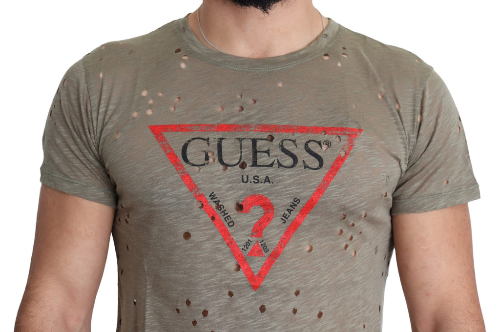 Guess Brown Cotton Stretch T-Shirt with Logo Print for Men Casual Perforated T-Shirt