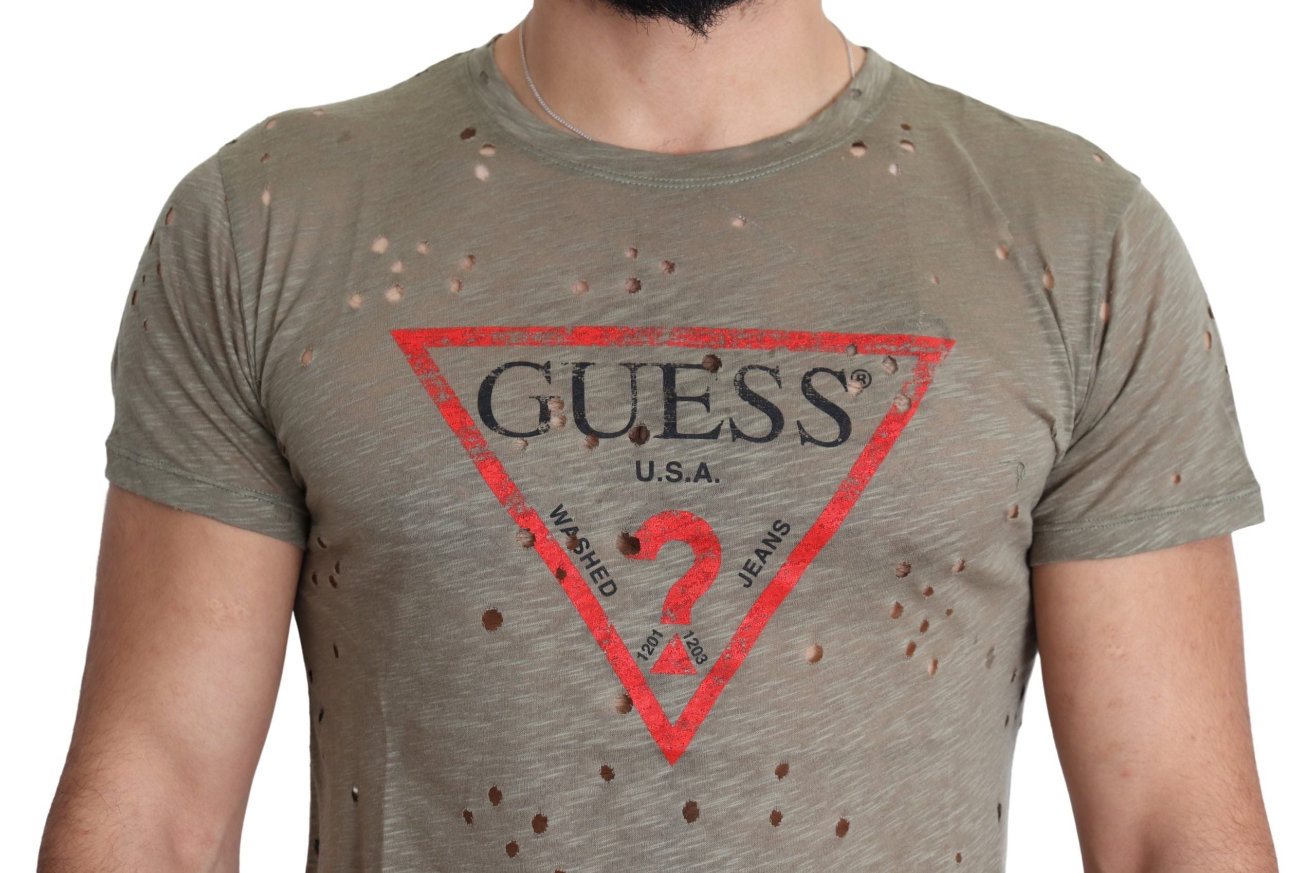 Guess Brown Cotton Stretch T-Shirt with Logo Print for Men Casual Perforated T-Shirt