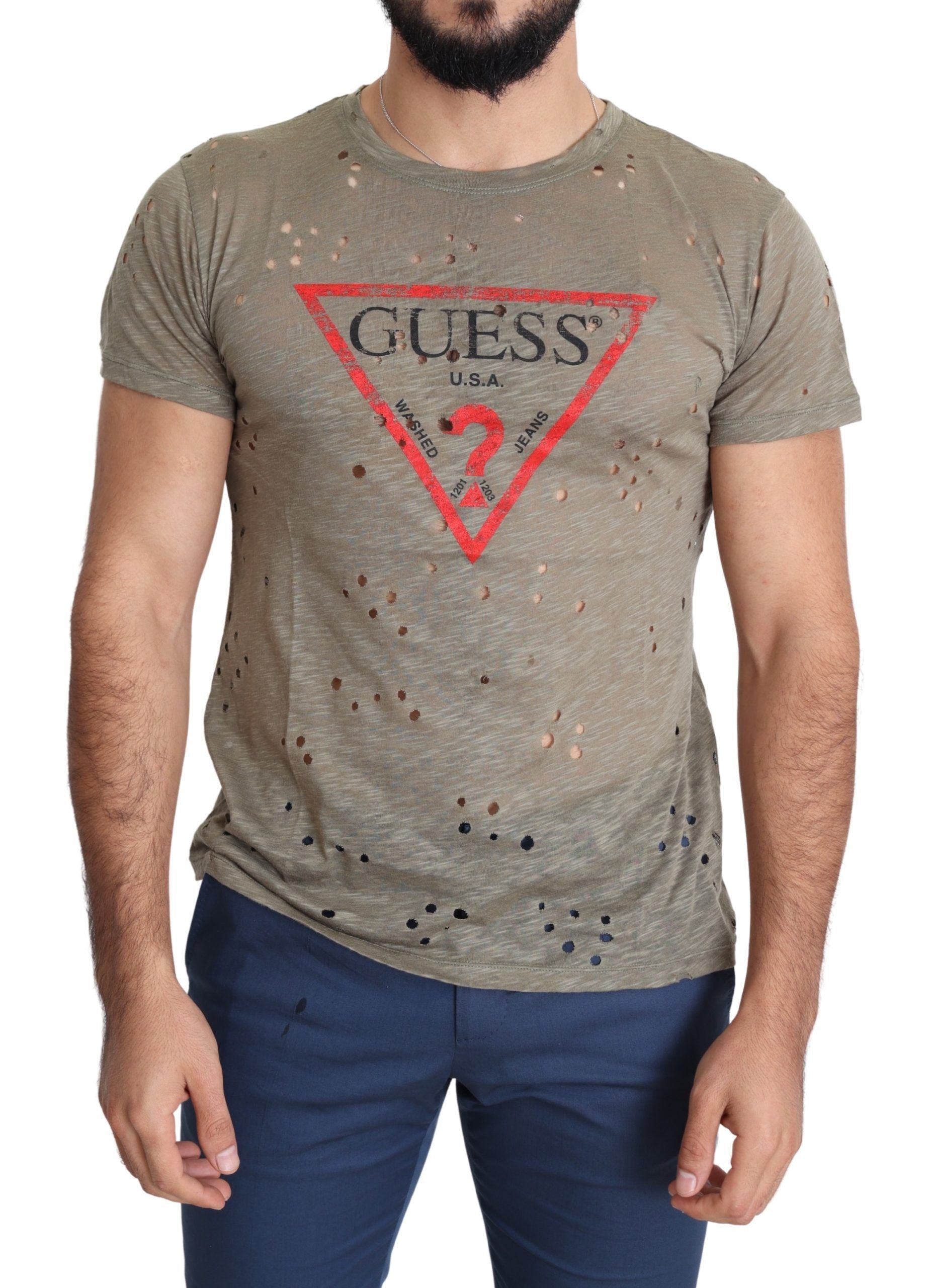 Guess Brown Cotton Stretch T-Shirt with Logo Print for Men Casual Perforated T-Shirt