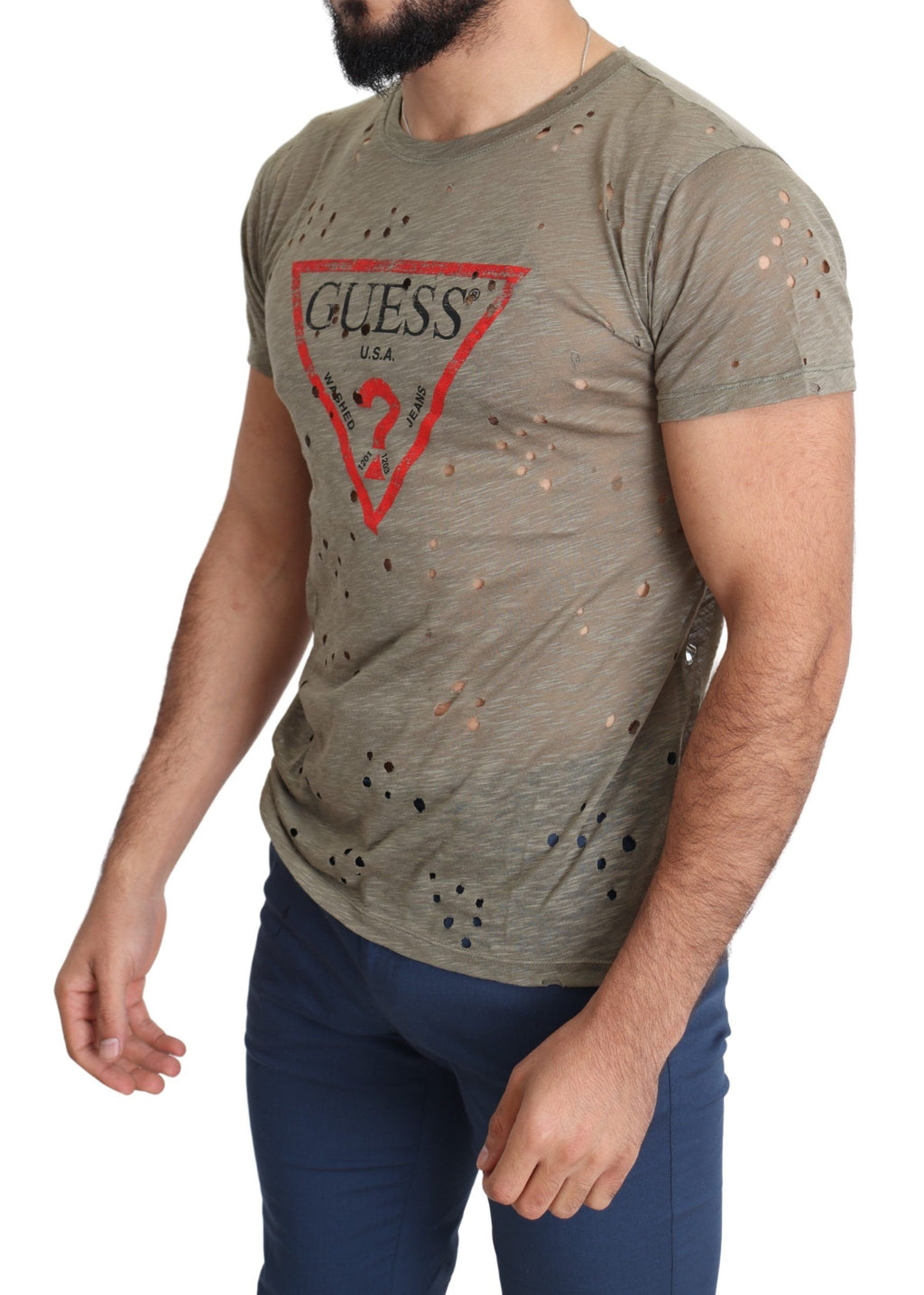Guess Brown Cotton Stretch T-Shirt with Logo Print for Men Casual Perforated T-Shirt