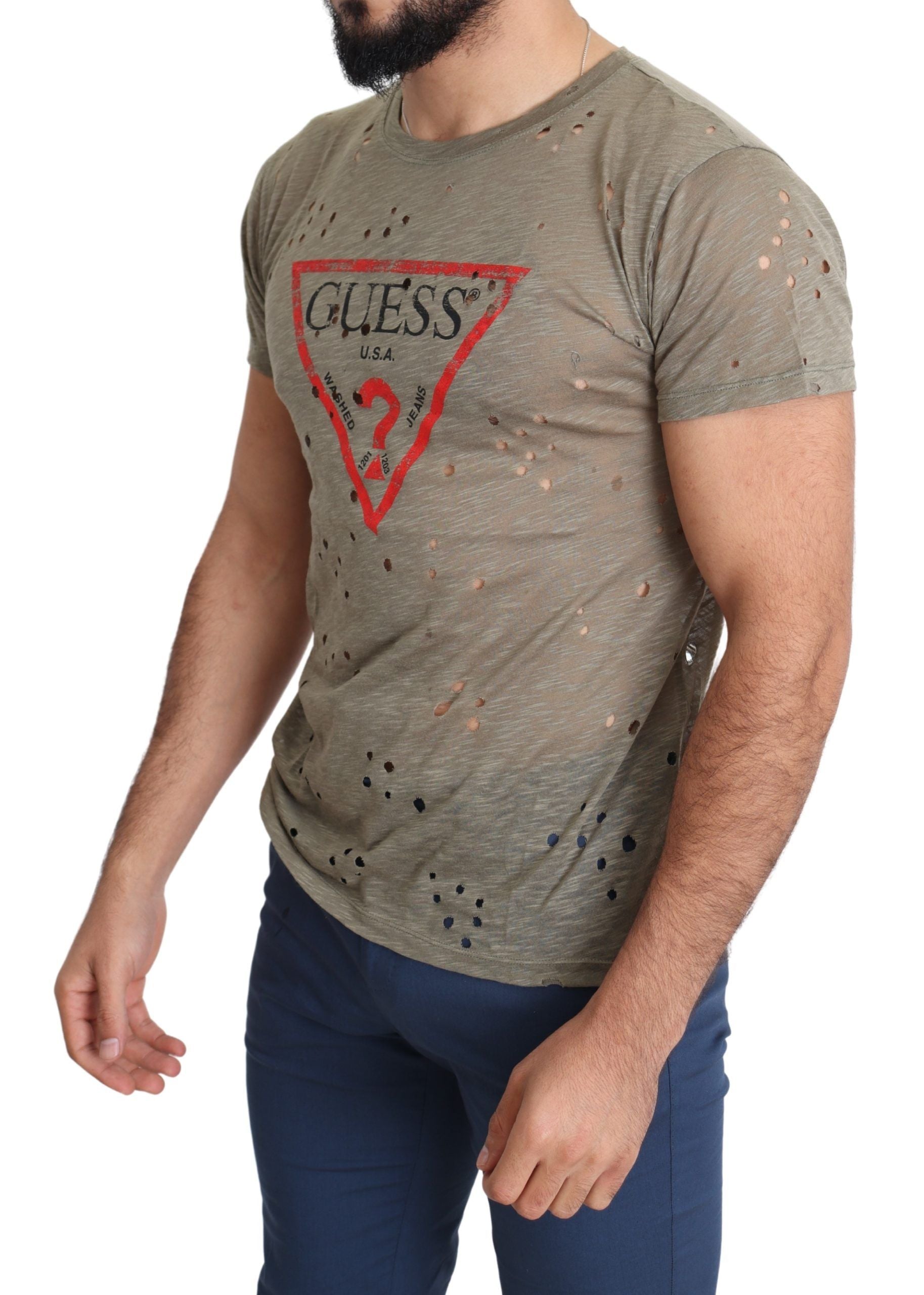 Guess Brown Cotton Stretch T-Shirt with Logo Print for Men Casual Perforated T-Shirt