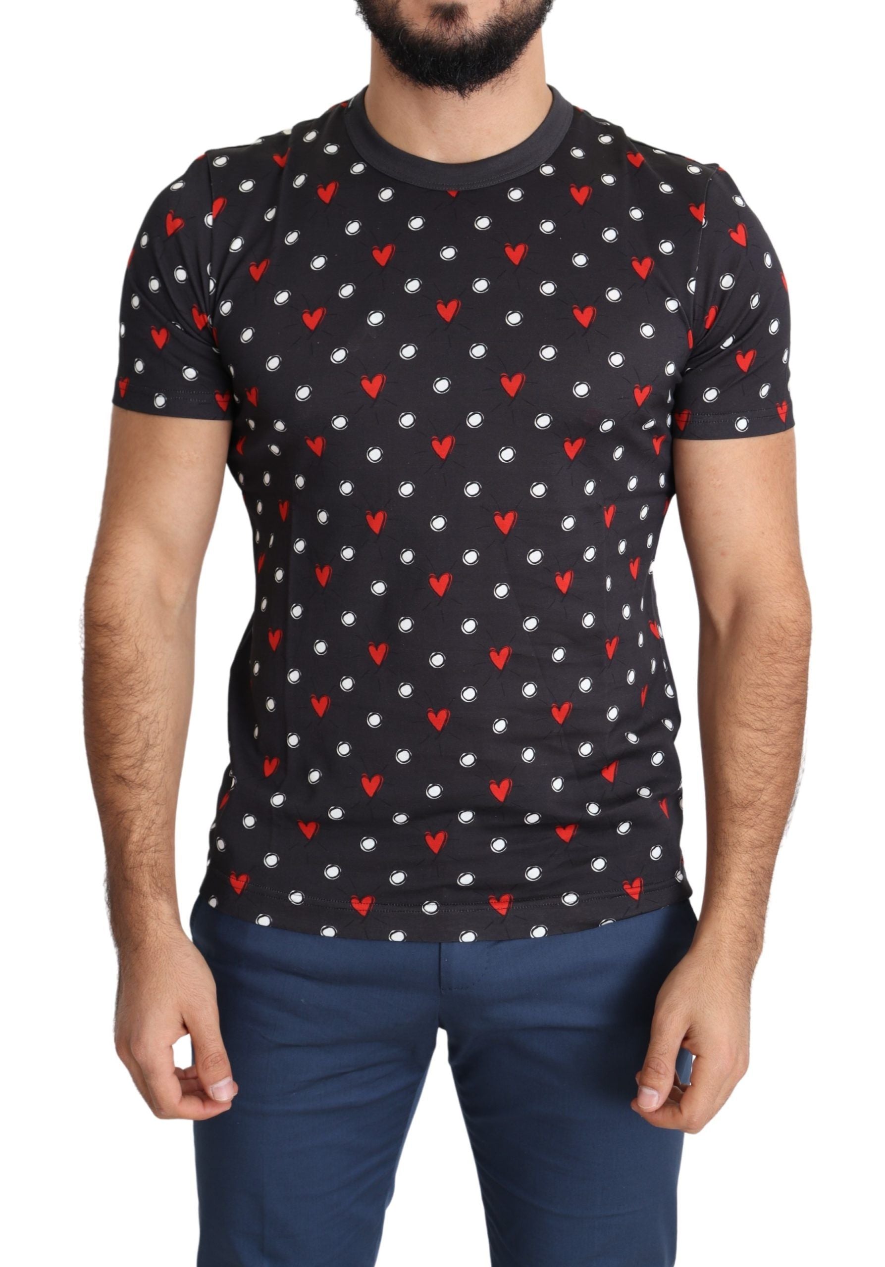 Dolce & Gabbana Men's Dark Grey Cotton T-Shirt with Heart Print