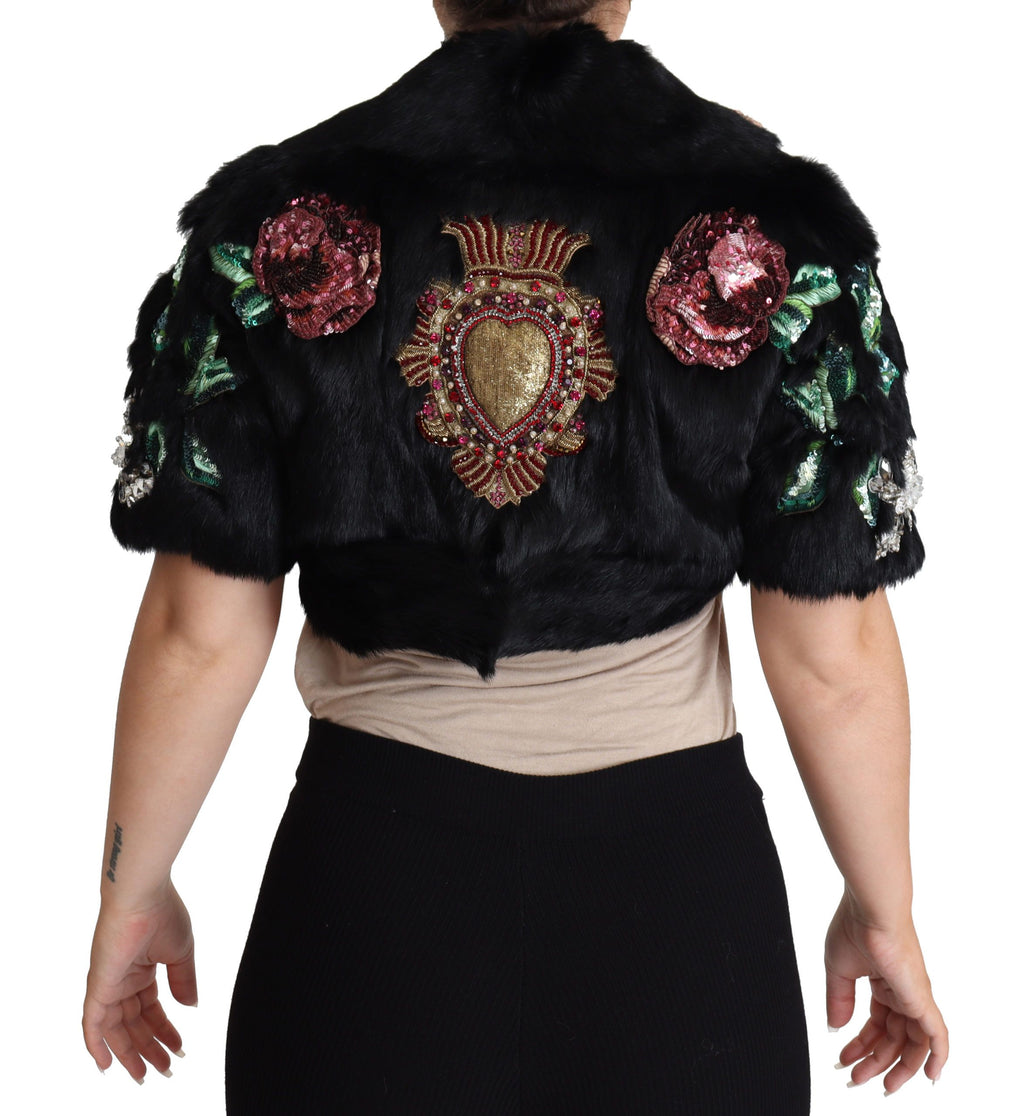 Dolce & Gabbana Schwarzer Kaninchenfell-Kristall-Pailletten-Mantel
