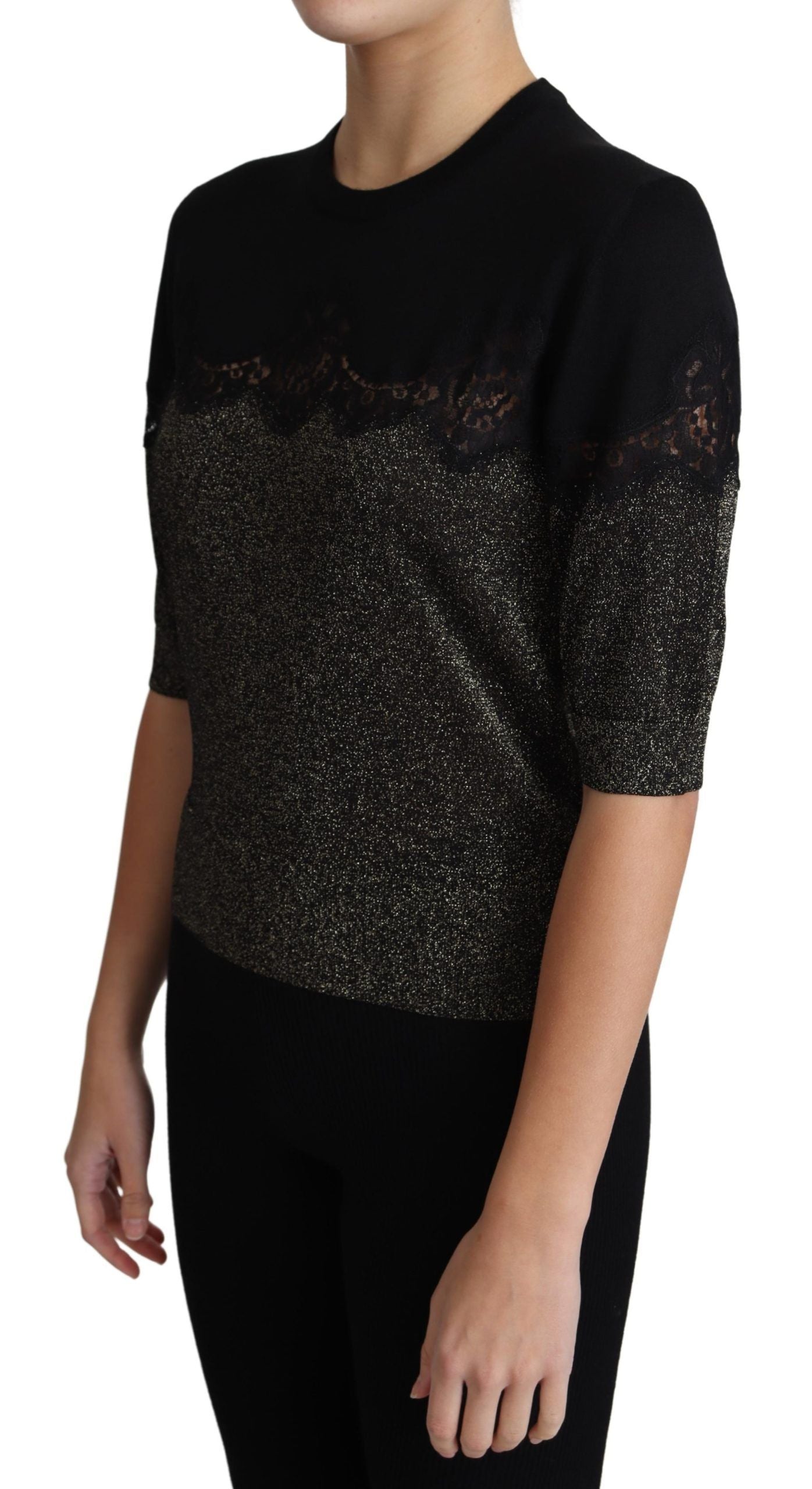 Dolce & Gabbana Schwarzer glänzender Lurex-Spitzeneinsatz Pullover Top