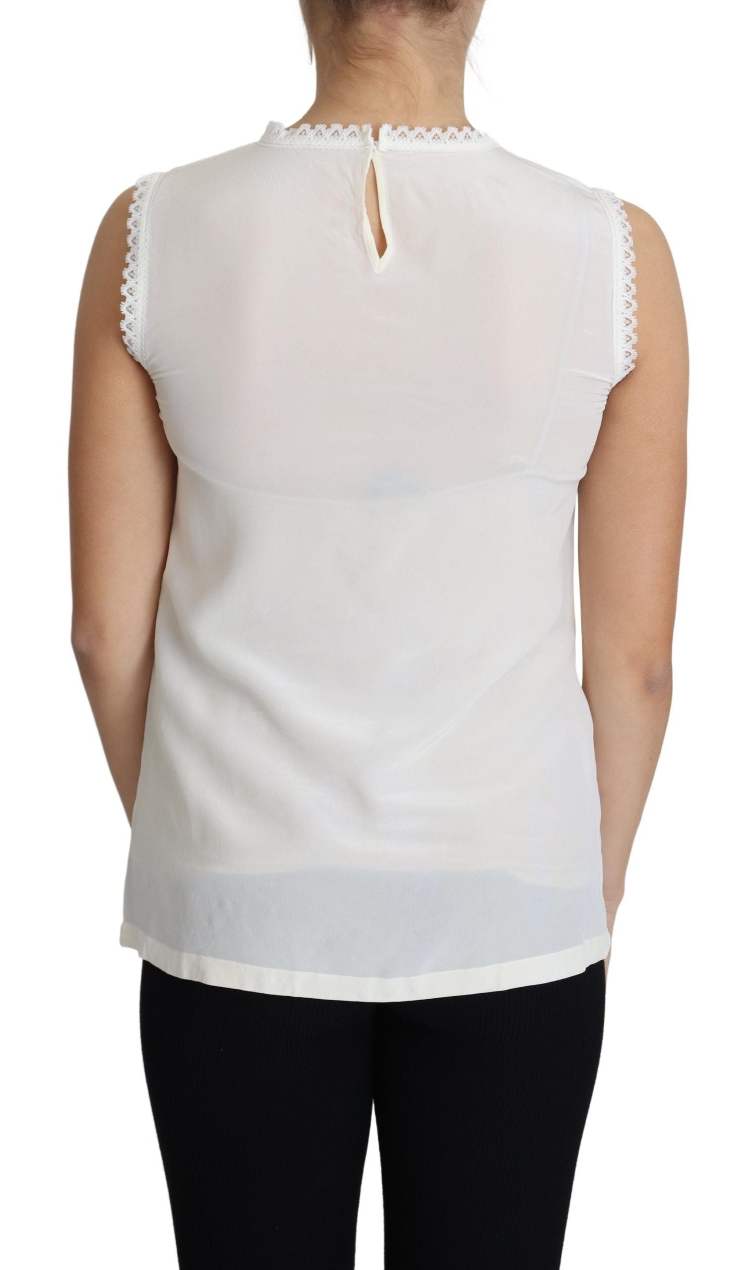 Dolce & Gabbana White Silk Blouse with Lace Trim and Sleeveless Top