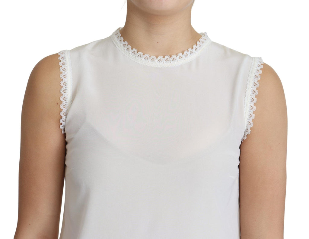 Dolce & Gabbana White Silk Blouse with Lace Trim and Sleeveless Top