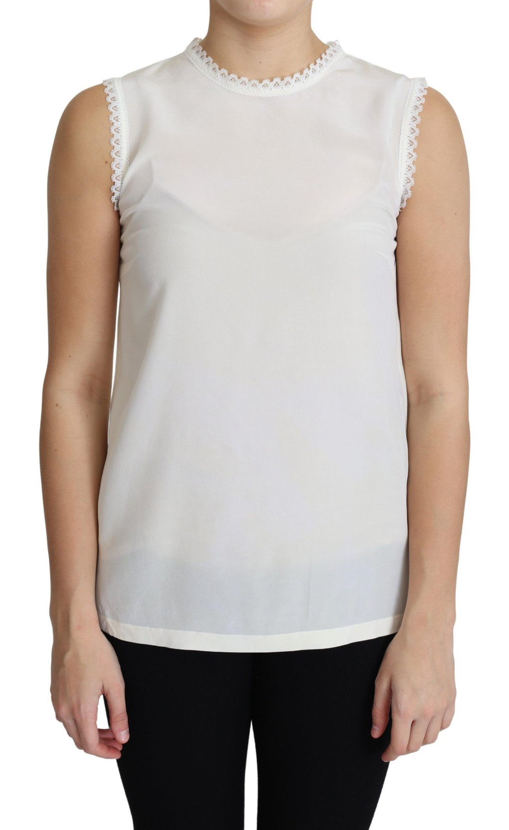 Dolce & Gabbana White Silk Blouse with Lace Trim and Sleeveless Top