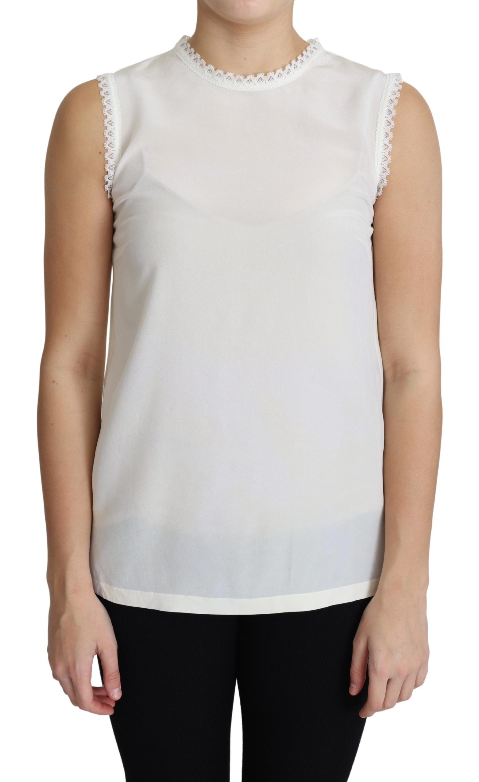 Dolce & Gabbana White Silk Blouse with Lace Trim and Sleeveless Top