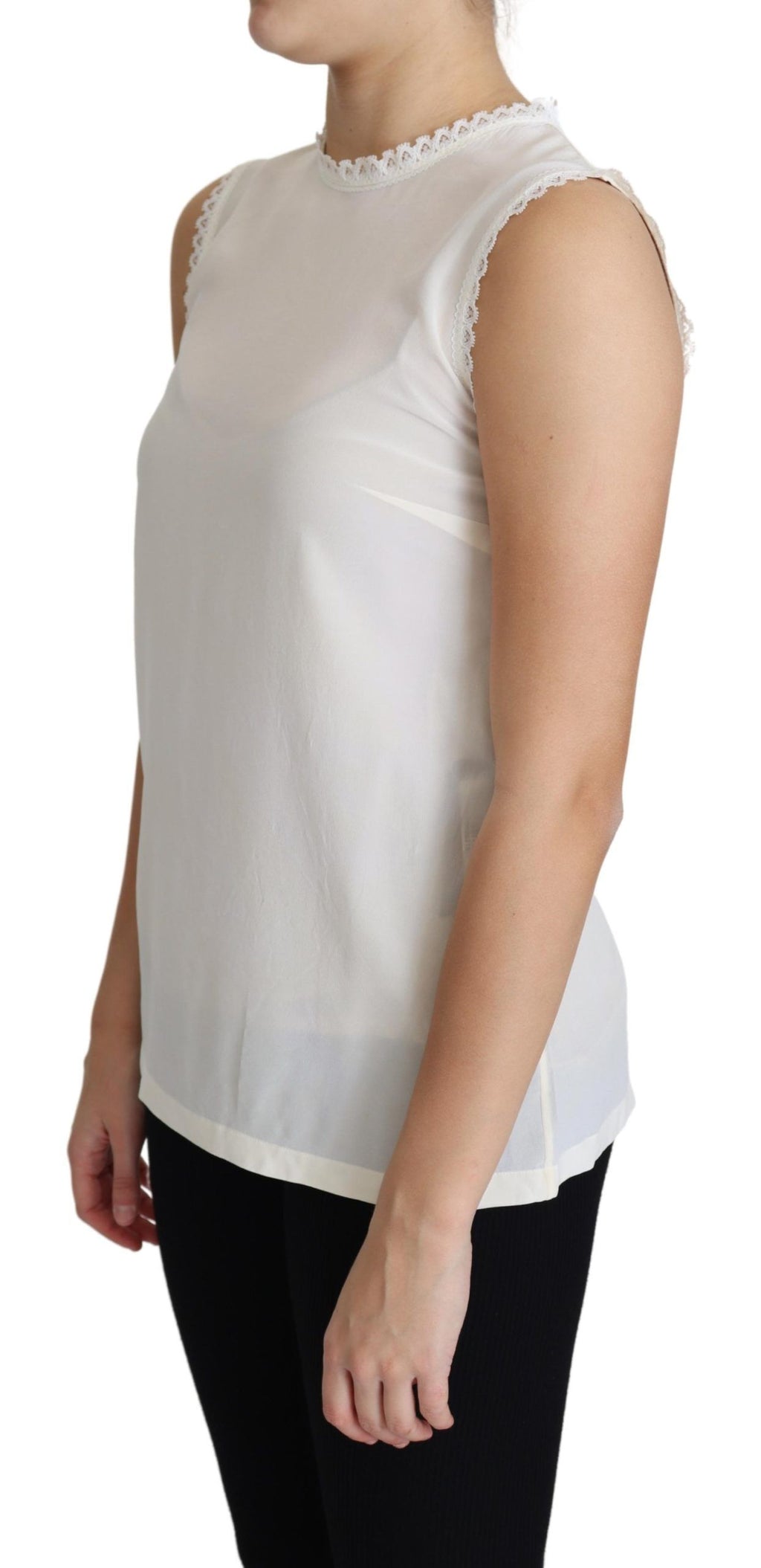 Dolce & Gabbana White Silk Blouse with Lace Trim and Sleeveless Top