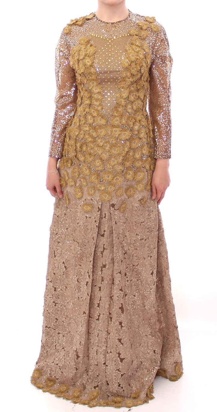 Lanre Da Silva Ajayi GOLD Langes Maxikleid aus Spitze und Kristall