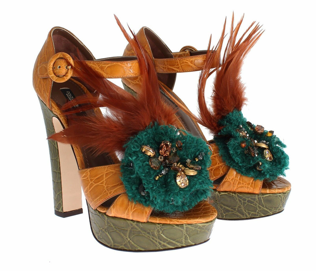 Dolce & Gabbana Orange Leder Kristall Plateau Sandale Schuhe