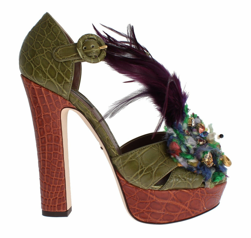Dolce & Gabbana Green Leather Crystal Platform Sandals Shoes