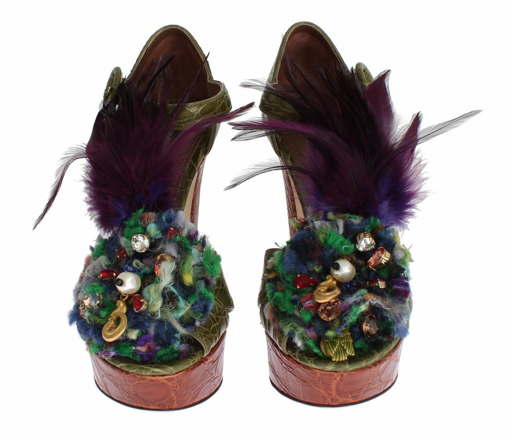 Dolce & Gabbana Green Leather Crystal Platform Sandals Shoes