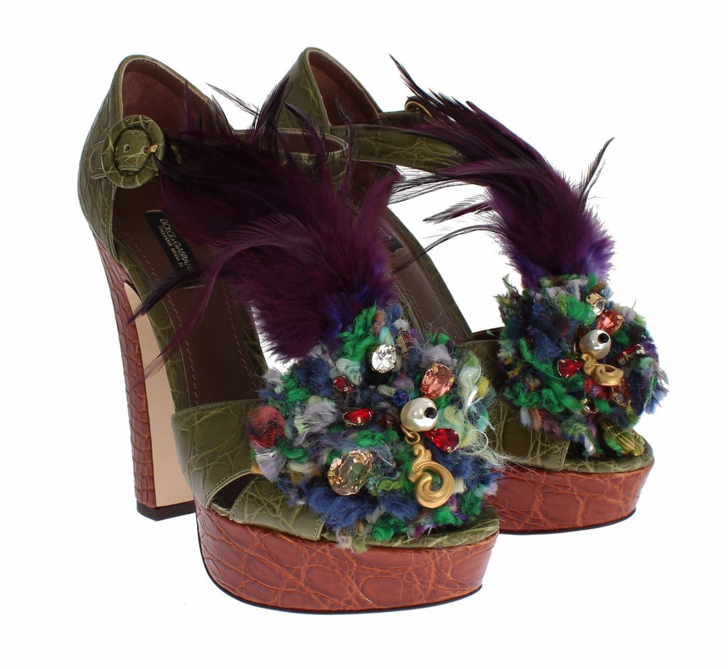 Dolce & Gabbana Green Leather Crystal Platform Sandals Shoes
