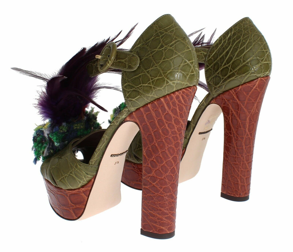 Dolce & Gabbana Green Leather Crystal Platform Sandals Shoes