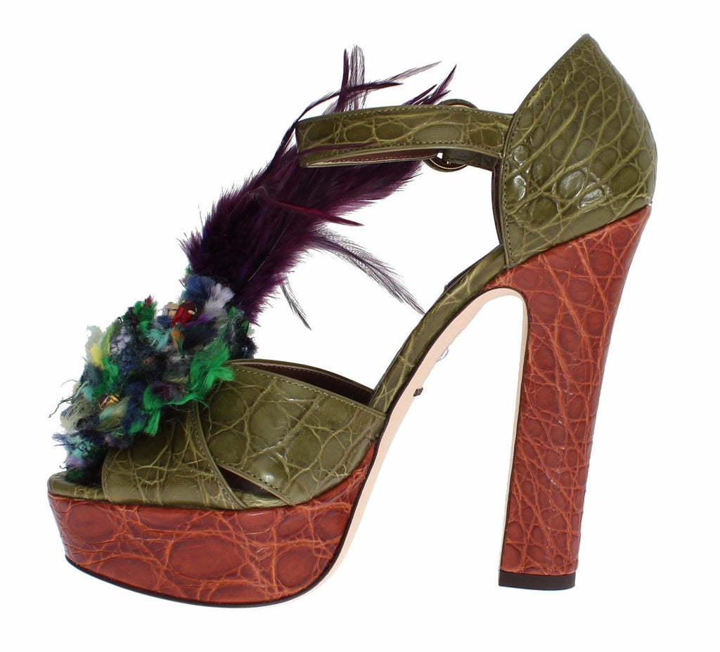 Dolce & Gabbana Green Leather Crystal Platform Sandals Shoes