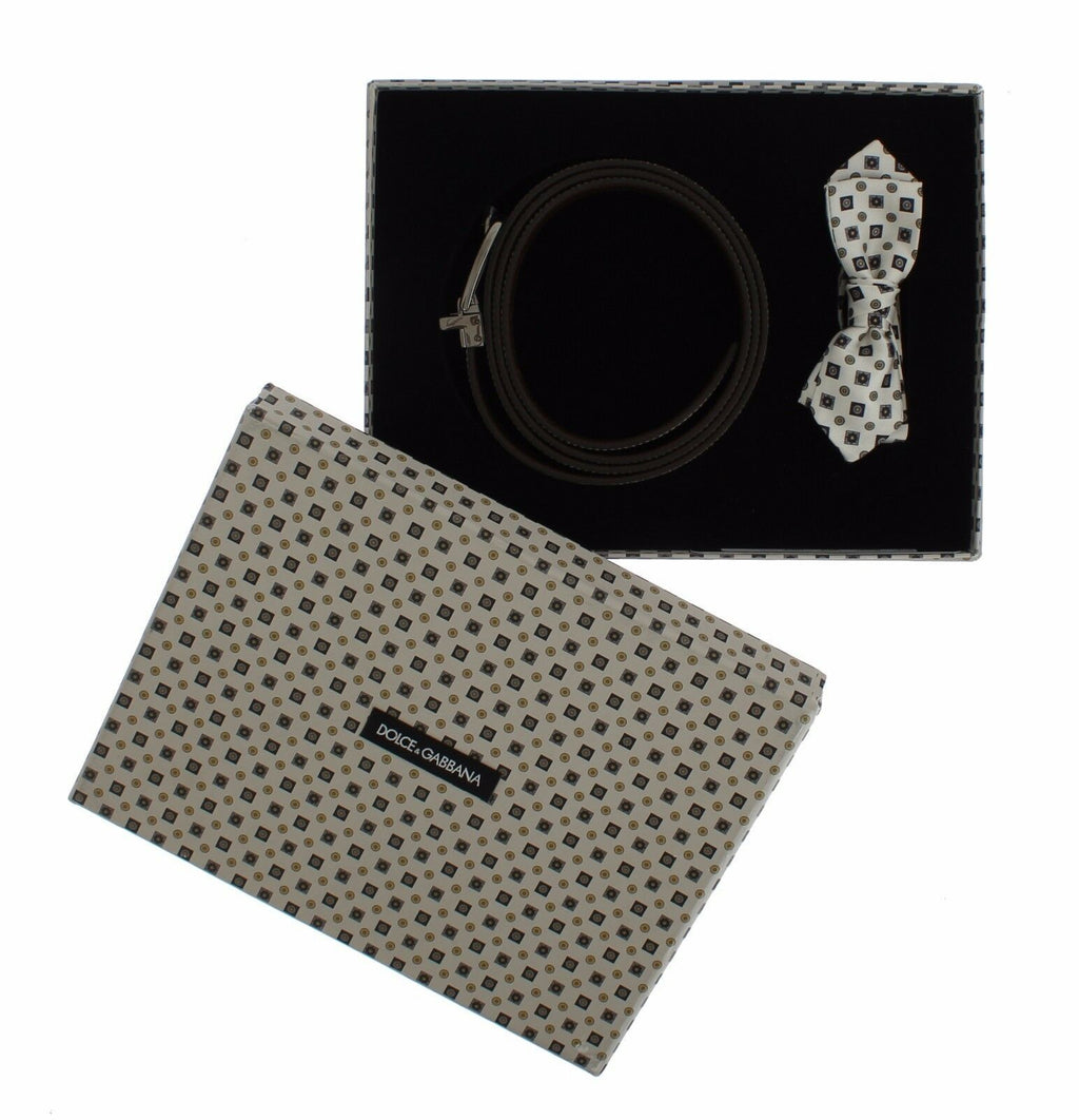 Dolce & Gabbana White Silk Bow Tie Leather Men's Belt Gift Box