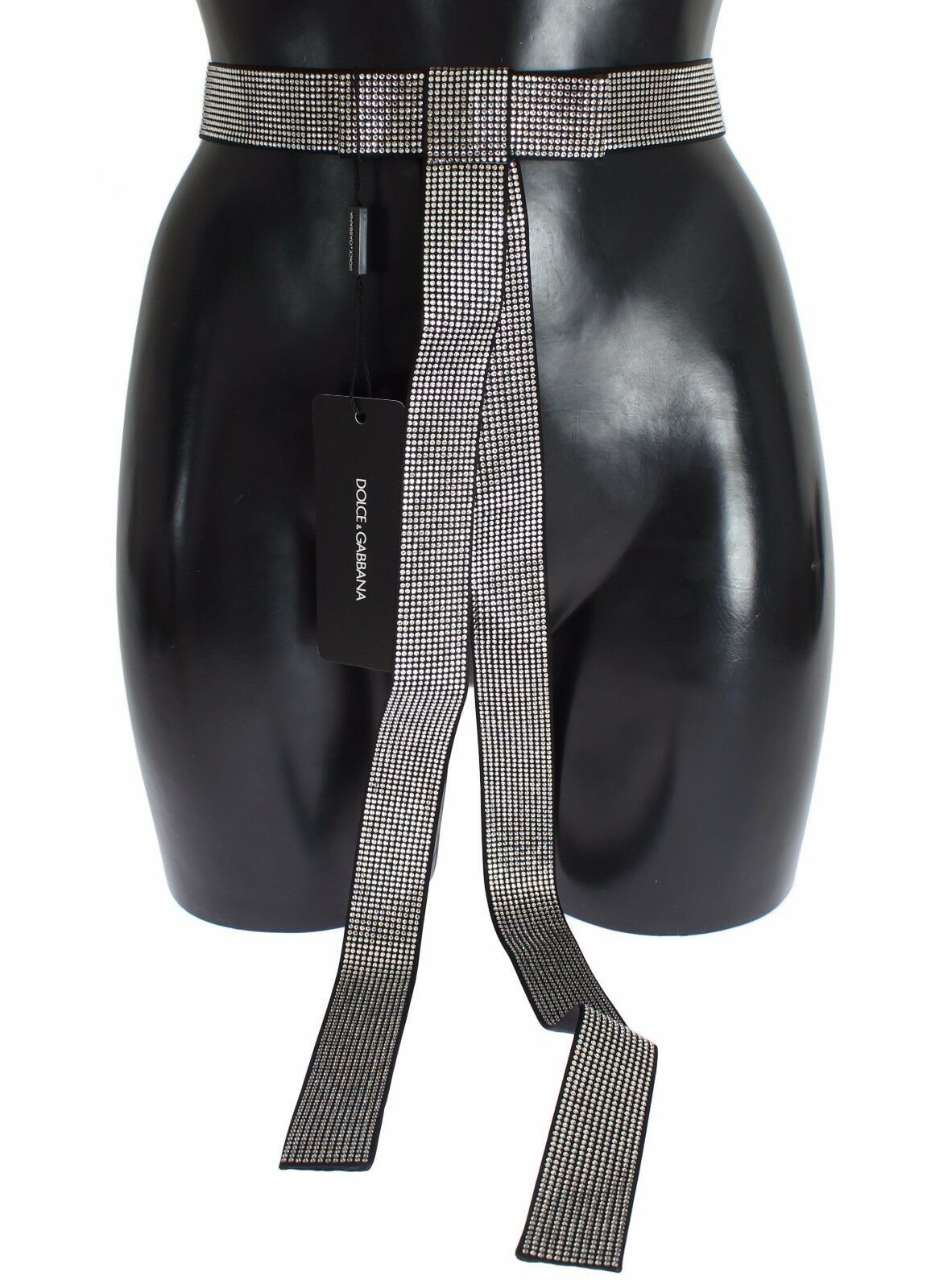 Dolce & Gabbana Black Silk Belt with Clear Crystal Waist Bow