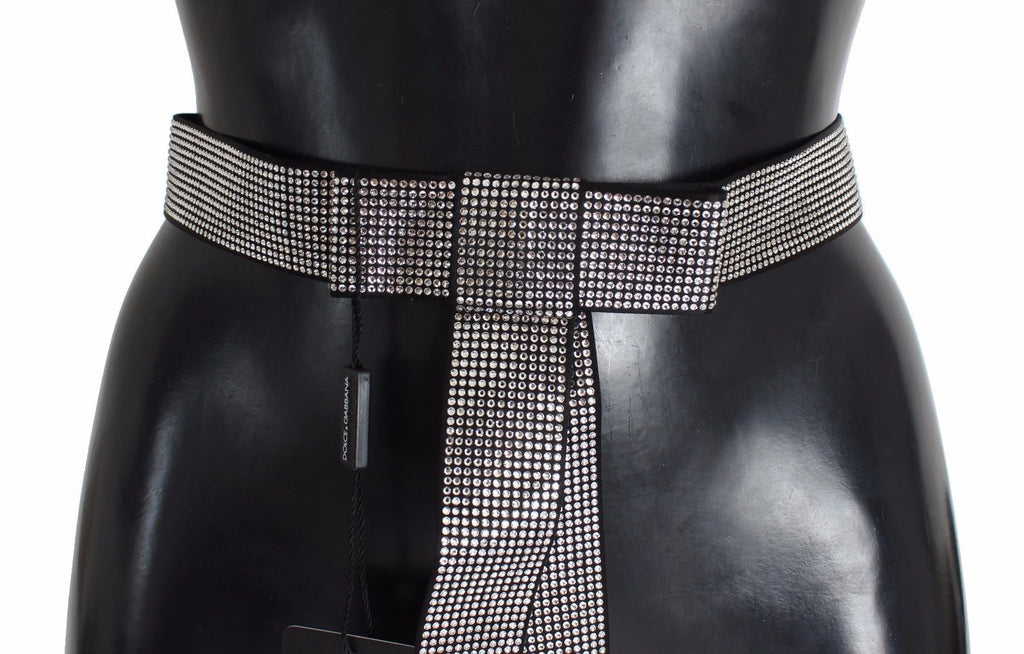 Dolce & Gabbana Black Silk Belt with Clear Crystal Waist Bow