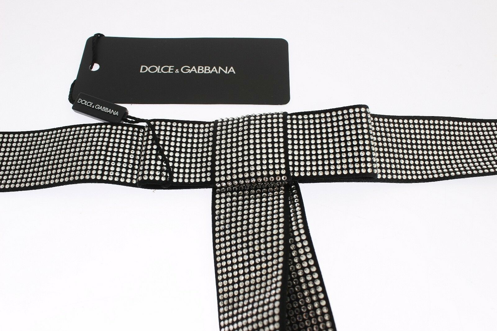 Dolce & Gabbana Black Silk Belt with Clear Crystal Waist Bow