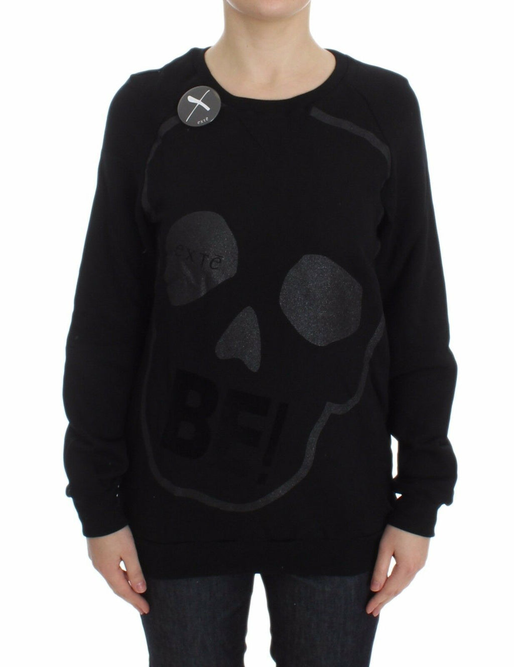 Exte Schwarzer Baumwollmotiv-Pullover mit Rundhalsausschnitt