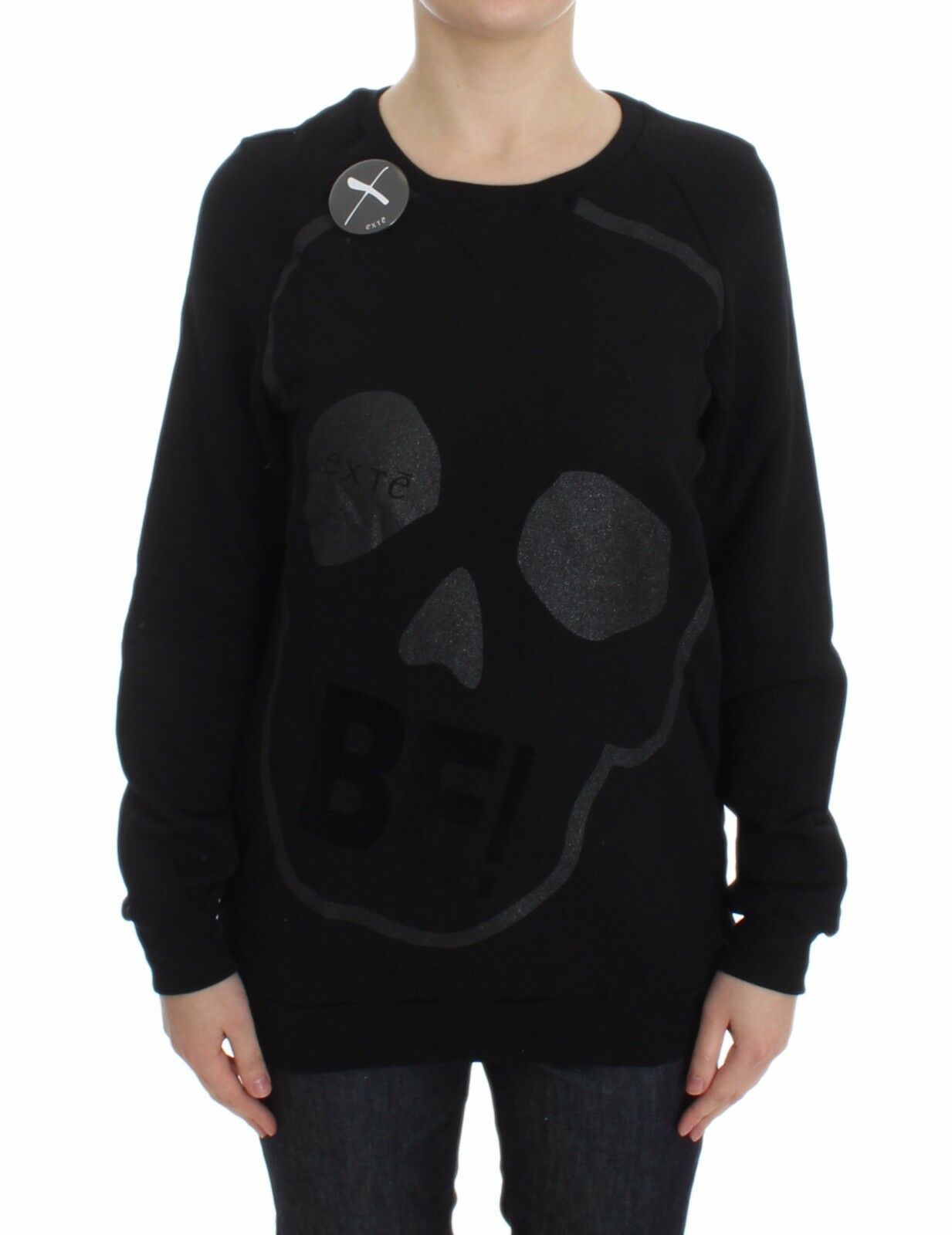 Exte Schwarzer Baumwollmotiv-Pullover mit Rundhalsausschnitt