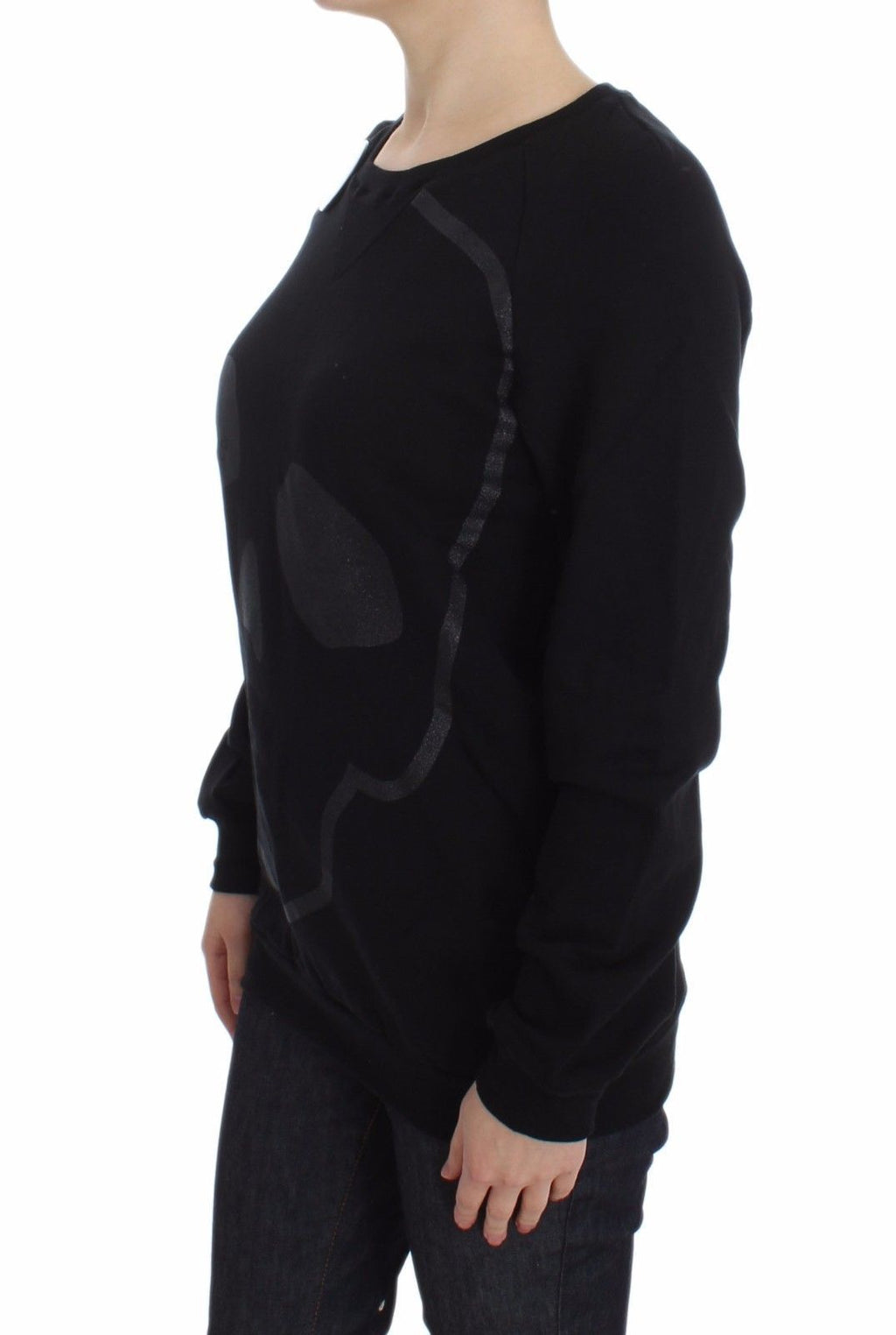 Exte Schwarzer Baumwollmotiv-Pullover mit Rundhalsausschnitt
