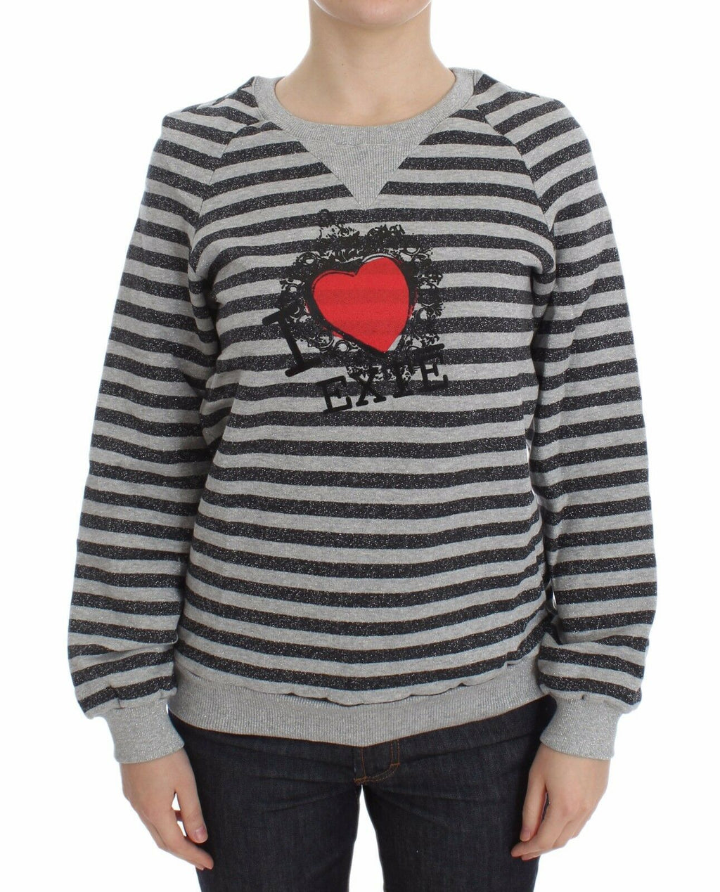 Exte Grey Striped Cotton Crew Neck Sweater