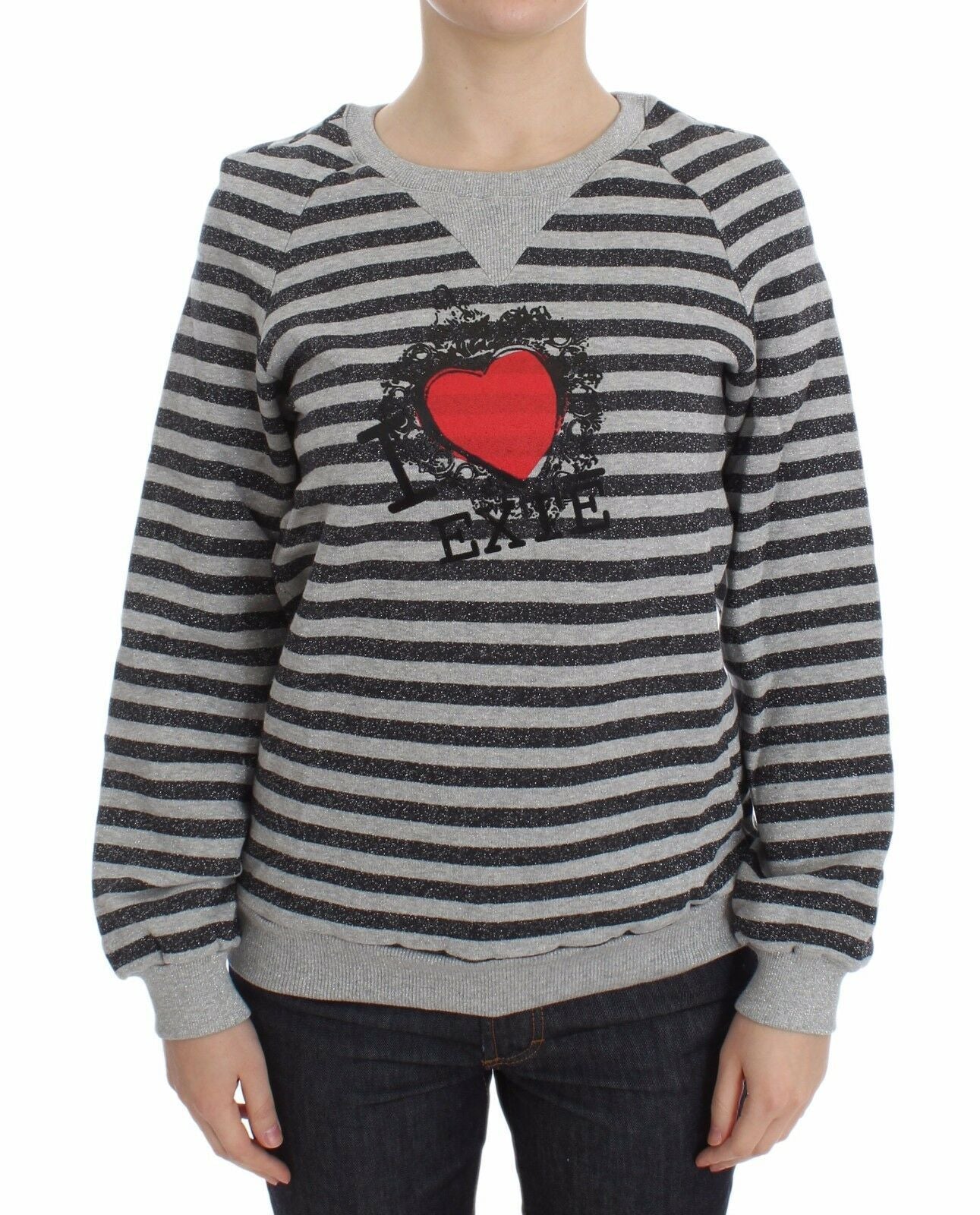 Exte Grey Striped Cotton Crew Neck Sweater