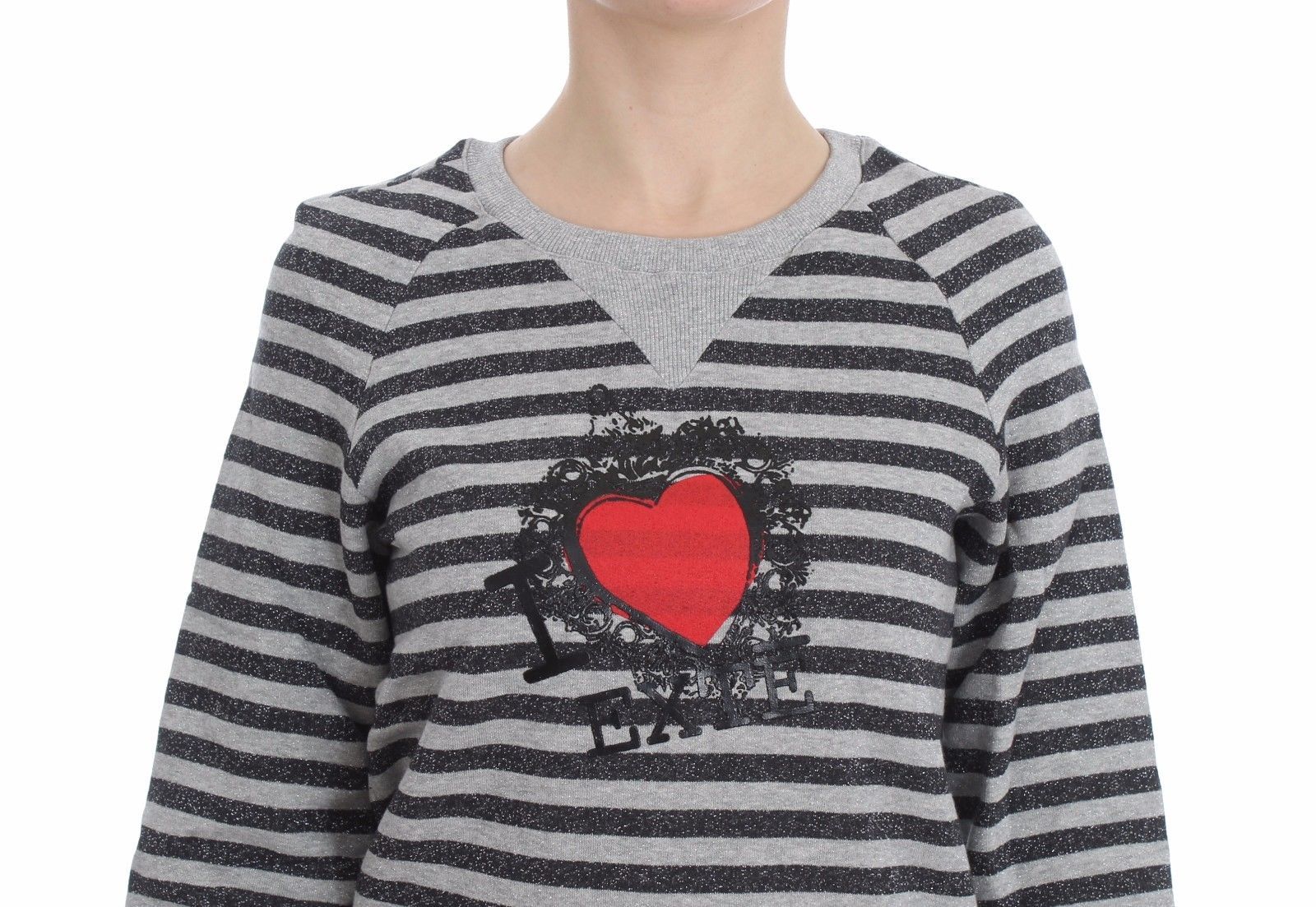 Exte Grey Striped Cotton Crew Neck Sweater
