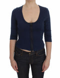Blue cotton top with deep scoop neck and zip closure