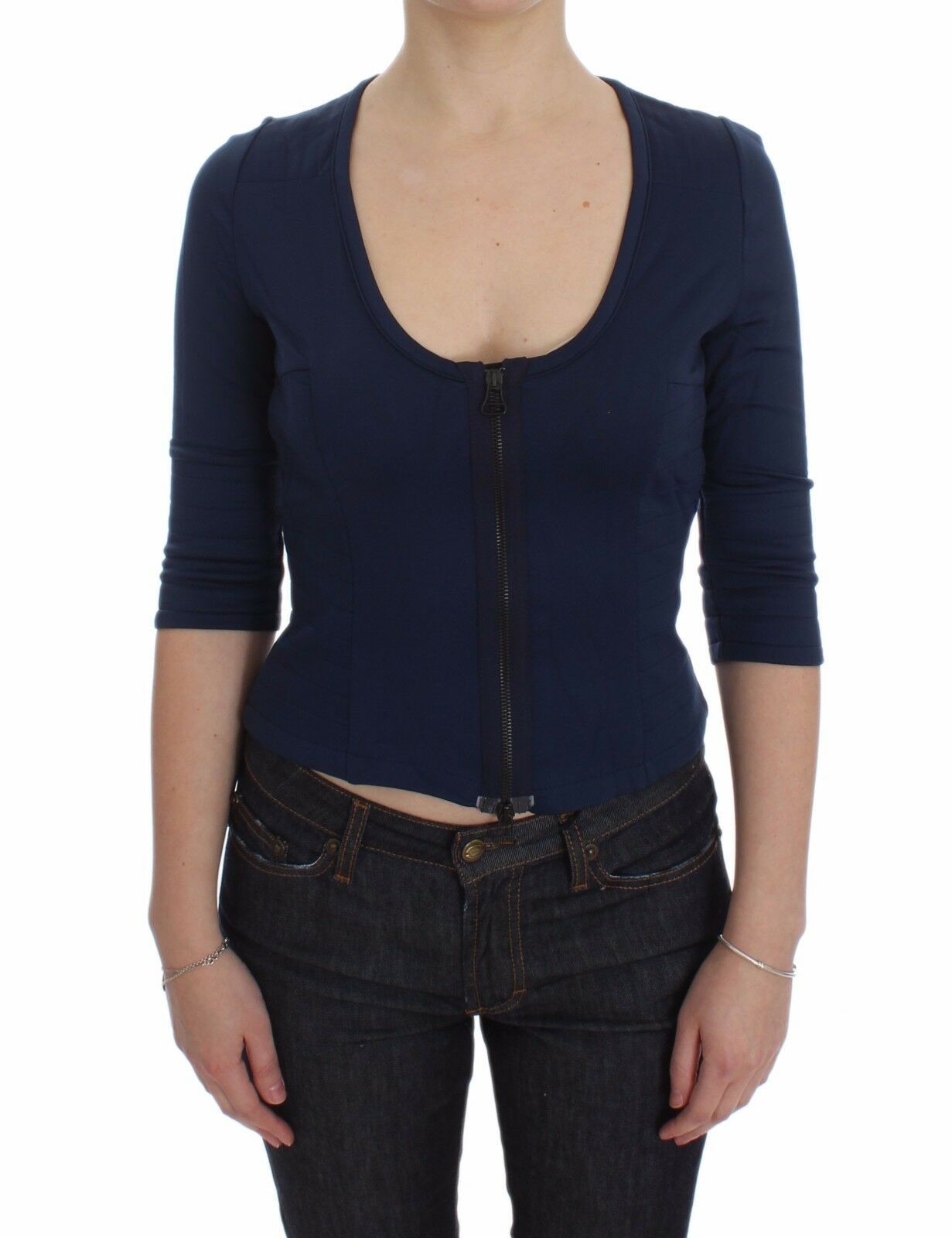 Blue cotton top with deep scoop neck and zip closure