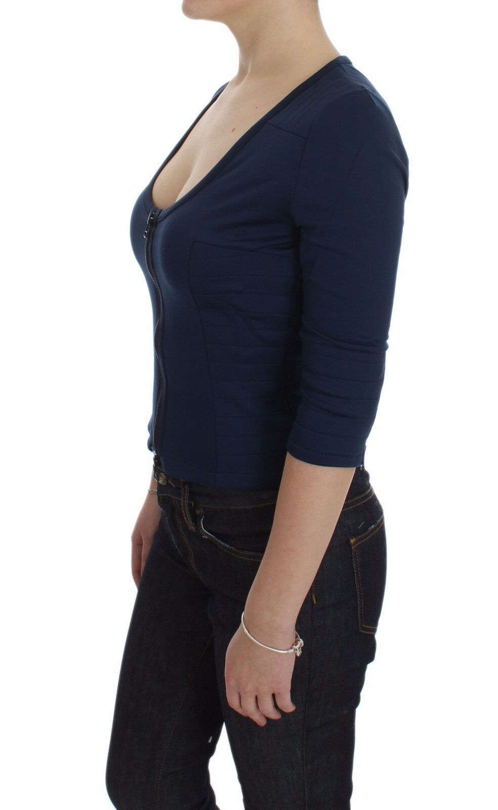 Blue cotton top with deep scoop neck and zip closure